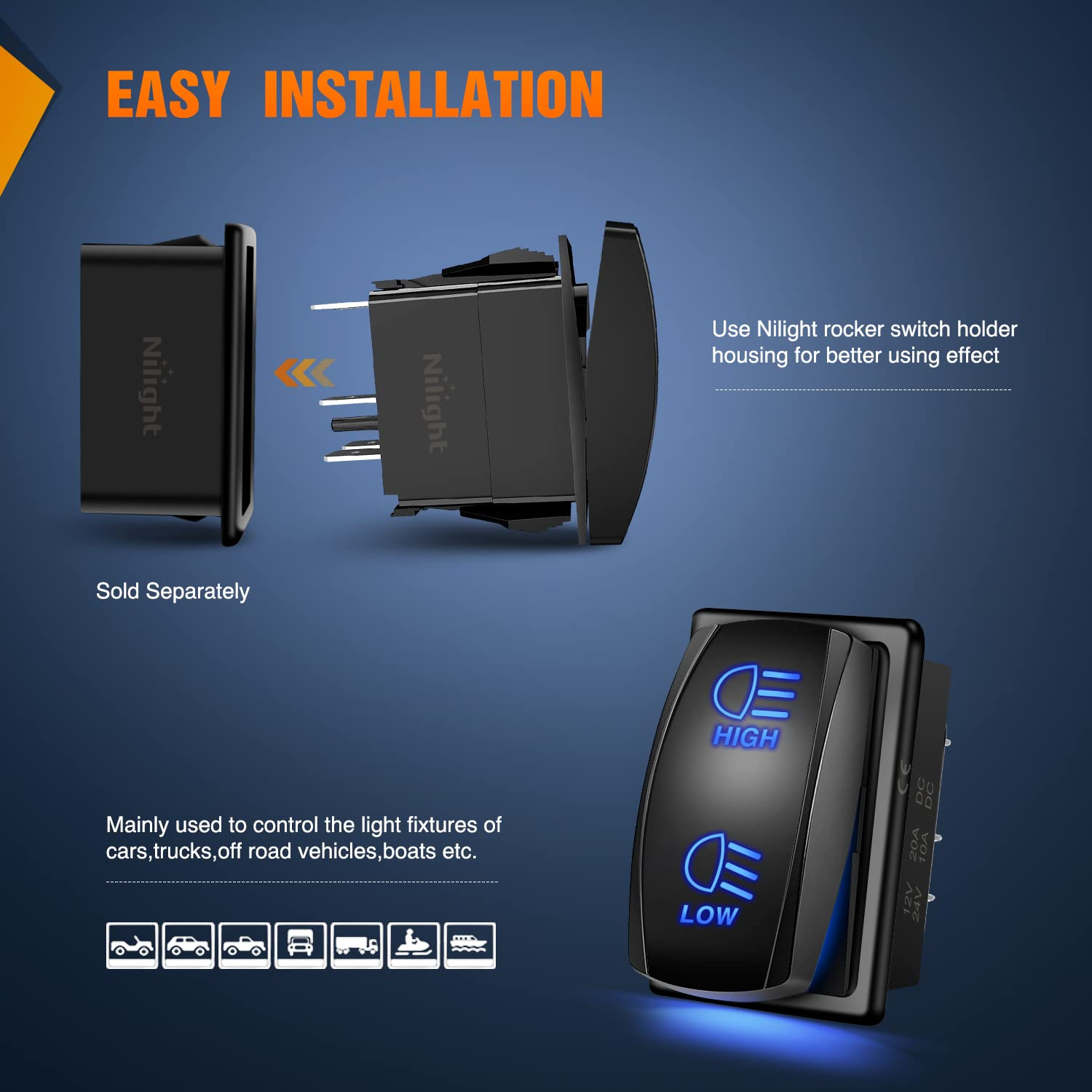 Nilight HIGH/LOW Rocker Switch Toggle on off on Switch DPDT 7Pin 12V 24V Switch Jumper Wires Winch Pump Switch for Cars Trucks Caravans Boats RV SUV ATV UTV image number 5