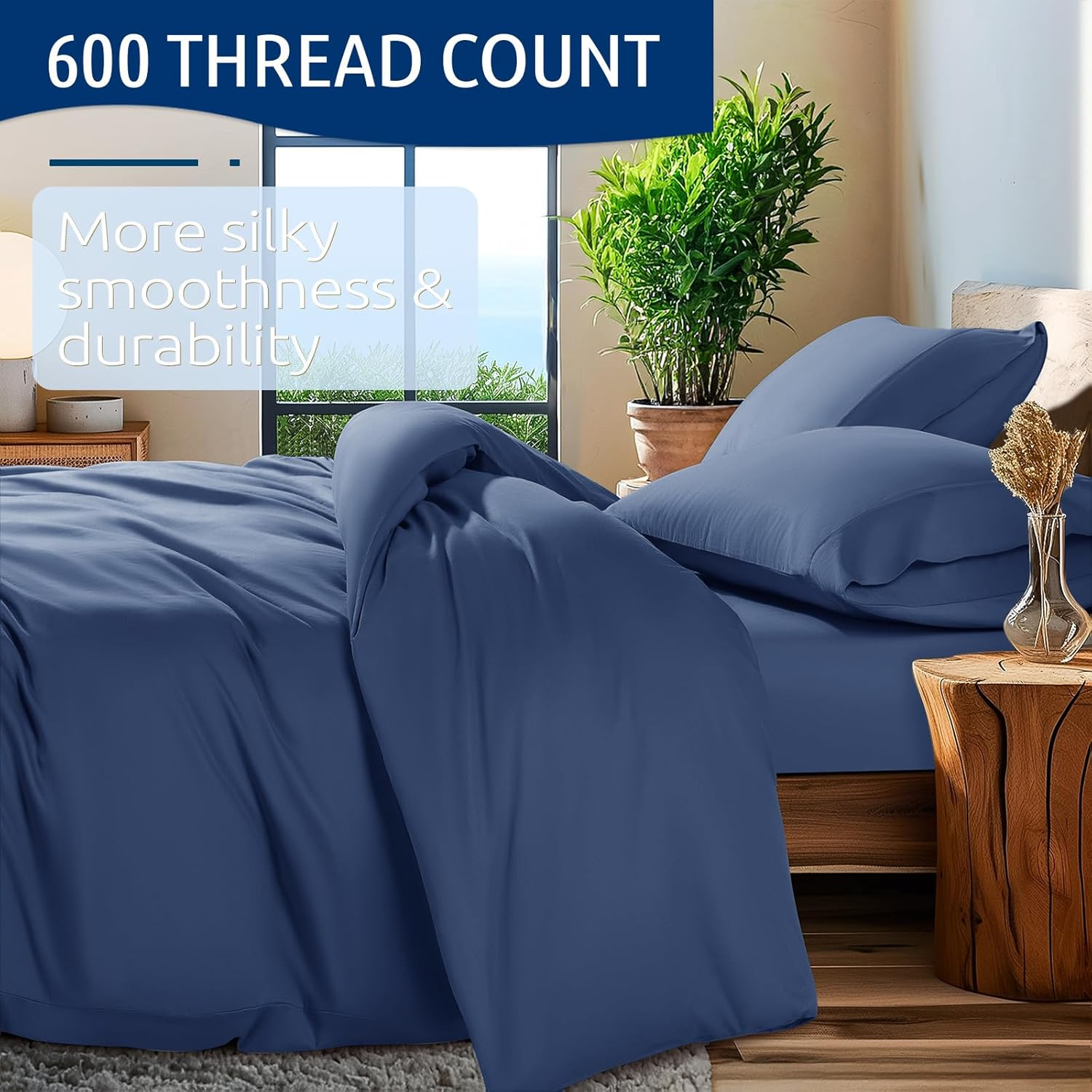 Shilucheng 100% Cotton Full Size Duvet Covers - 600 Thread Count, Luxury Sateen Weave Egyptian Cotton Comforter Cover with Zipper Closure & Corner Ties，Hotel Bedding Duvet Covers 3 Piece (Navy Blue) image number 3