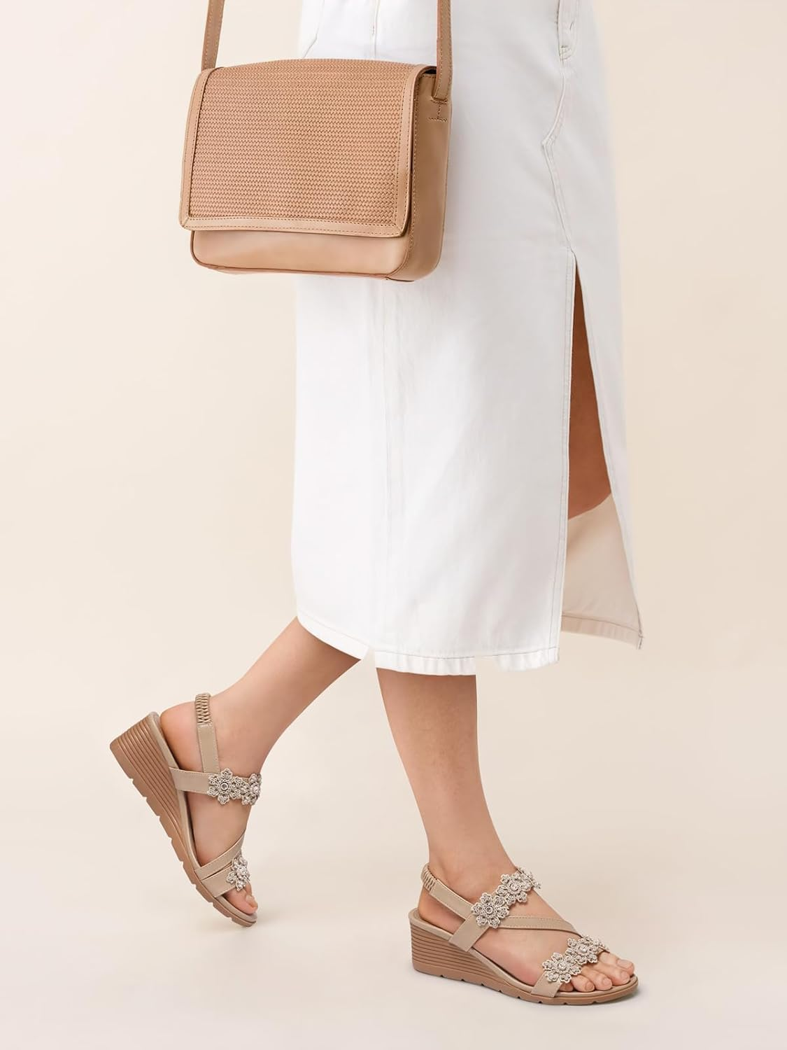 SHIBEVER Womens Sandals Wedge Summer: Elastic Ankle Strap Open Toe Wedge Sandal - Dressy Sandals Women - Comfortable Flower Bohemia image number 5