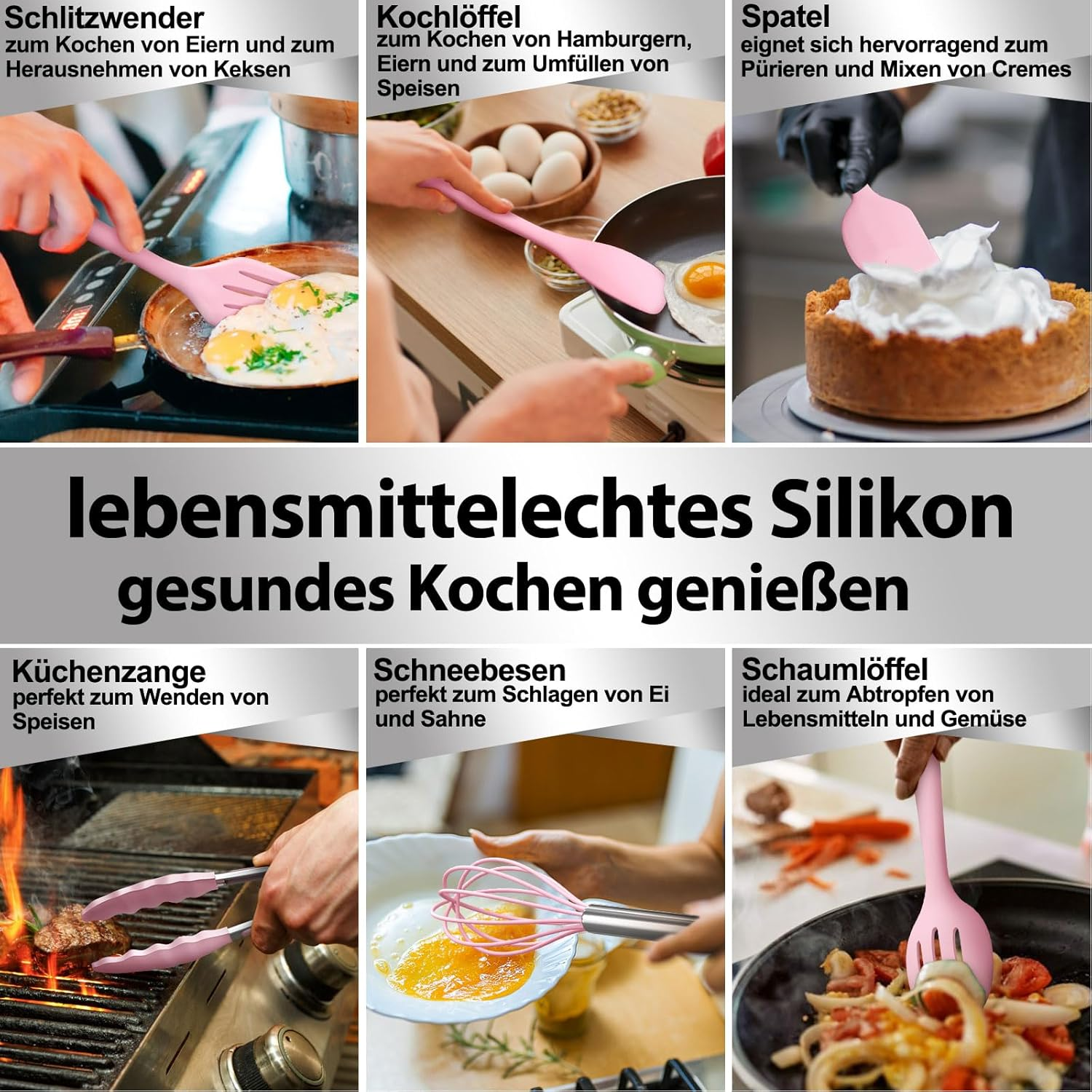 Terlulu Silicone Cooking Utensils, 12-Piece Set, Pink, Non-Stick, Dishwasher Safe image number 4