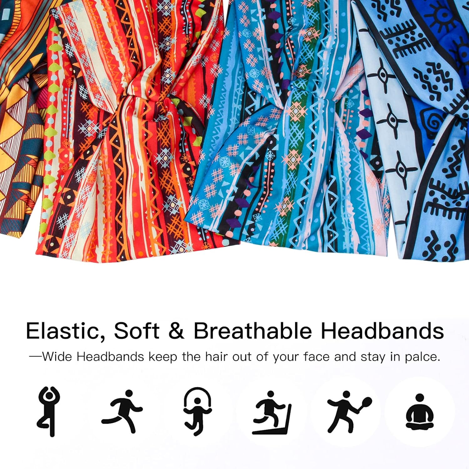 Carede Wide African Headbands for Women Boho Twist Head Bands Elastic Turban Headwraps for Lady Yoga Sports Workout Stretchy Hairband,Pack of 8