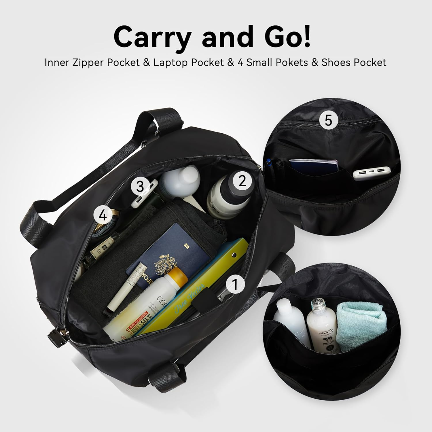 ERTUNA Gym Bag with Yoga Mat Holders, Carry on for Pilates Women & Men with Laptop & Shoe Compartment Large Duffle Travel Weekender Tote with Key Ring Clip Personal Item Workout, Easy to Clean - Black image number 2