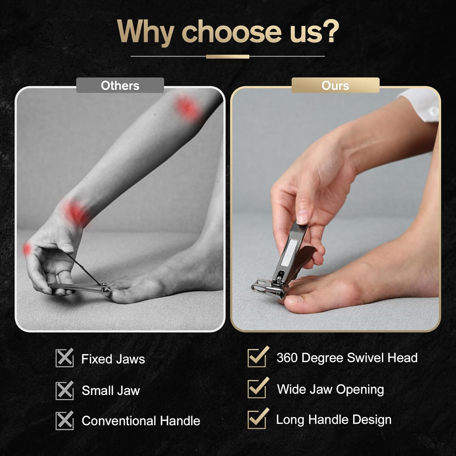 FERYES 360&deg; Rotating Nail Clippers for Seniors, Long Handle Fingernail Clippers for Men and Women, Ergonomic EZ Grip Toenail Clippers for Thick Nails
