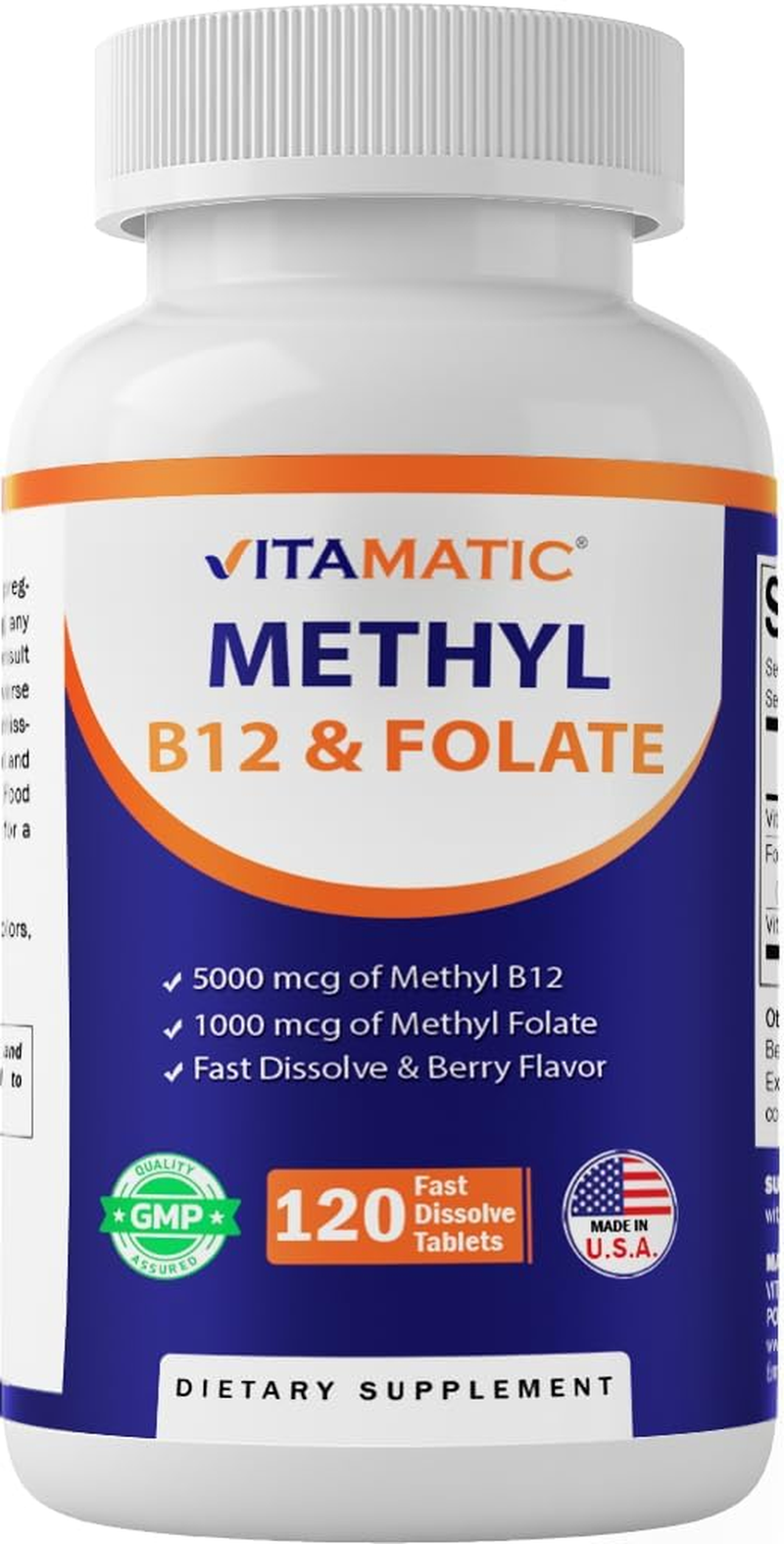 Vitamatic Methyl Folate & B12 Supplement with Pyridoxal 5 Phosphate (P-5-P) - Promotes Cardiovascular Health & Energy Metabolism - 120 Fast Dissolve Tablets - Non GMO & Gluten Free image number 5