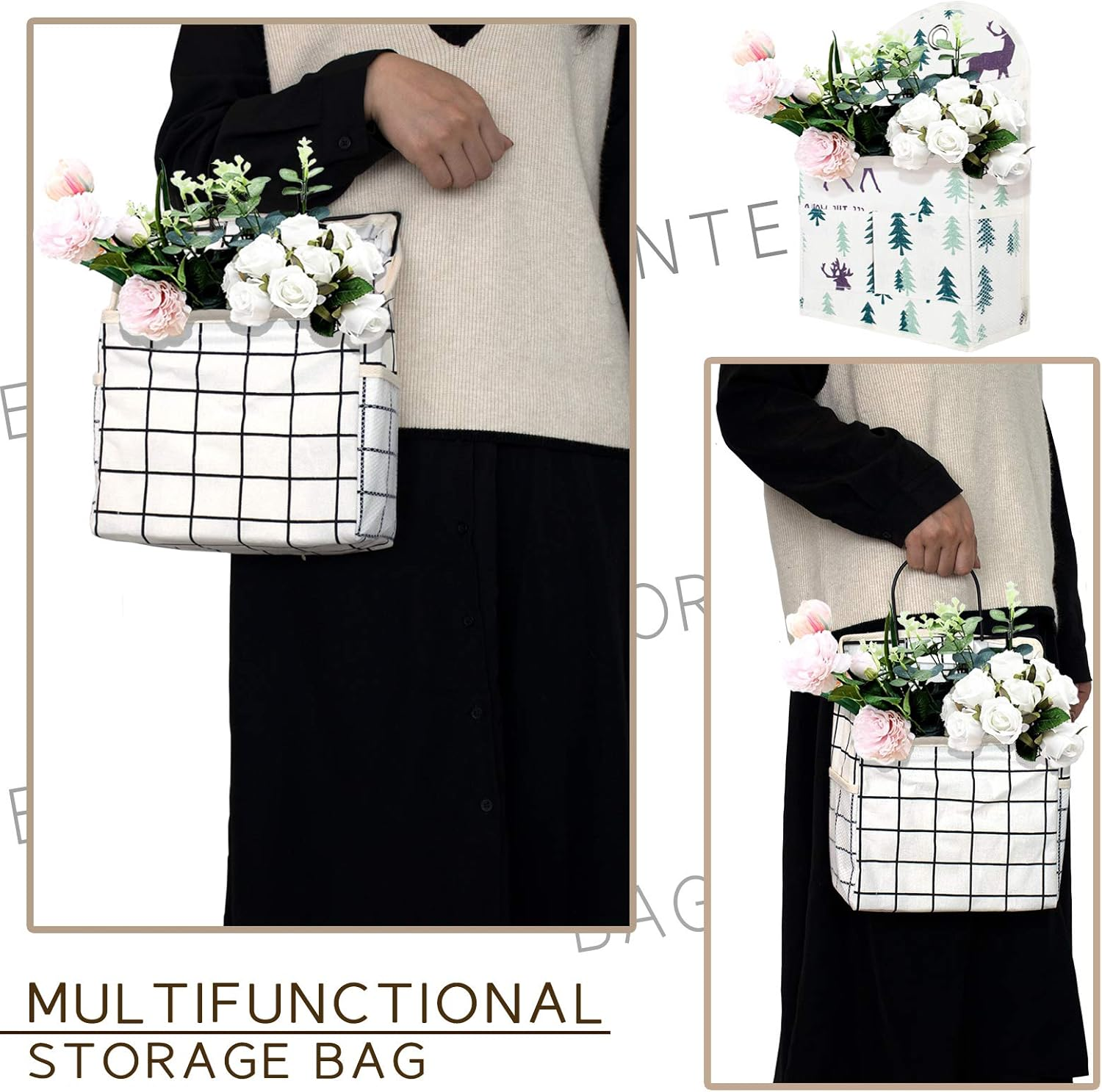 2Pcs Wall Hanging Storage Bag, MERYSAN Waterproof over the Door Closet Organizer with Metal Frame, Stylish Hanging Pocket Linen Cotton Pouch Box Containers for Bedroom Bathroom Desktop(Black/White) image number 3