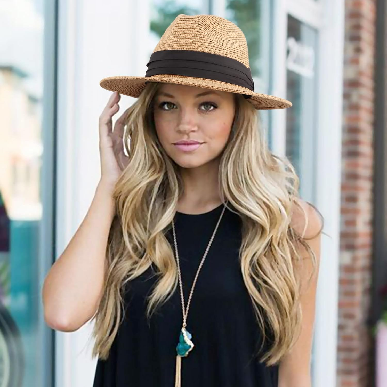 DRESHOW Womens Big Bowknot Straw Hat Floppy Foldable Roll up Beach Cap Sun Hat UPF 50+ image number 5