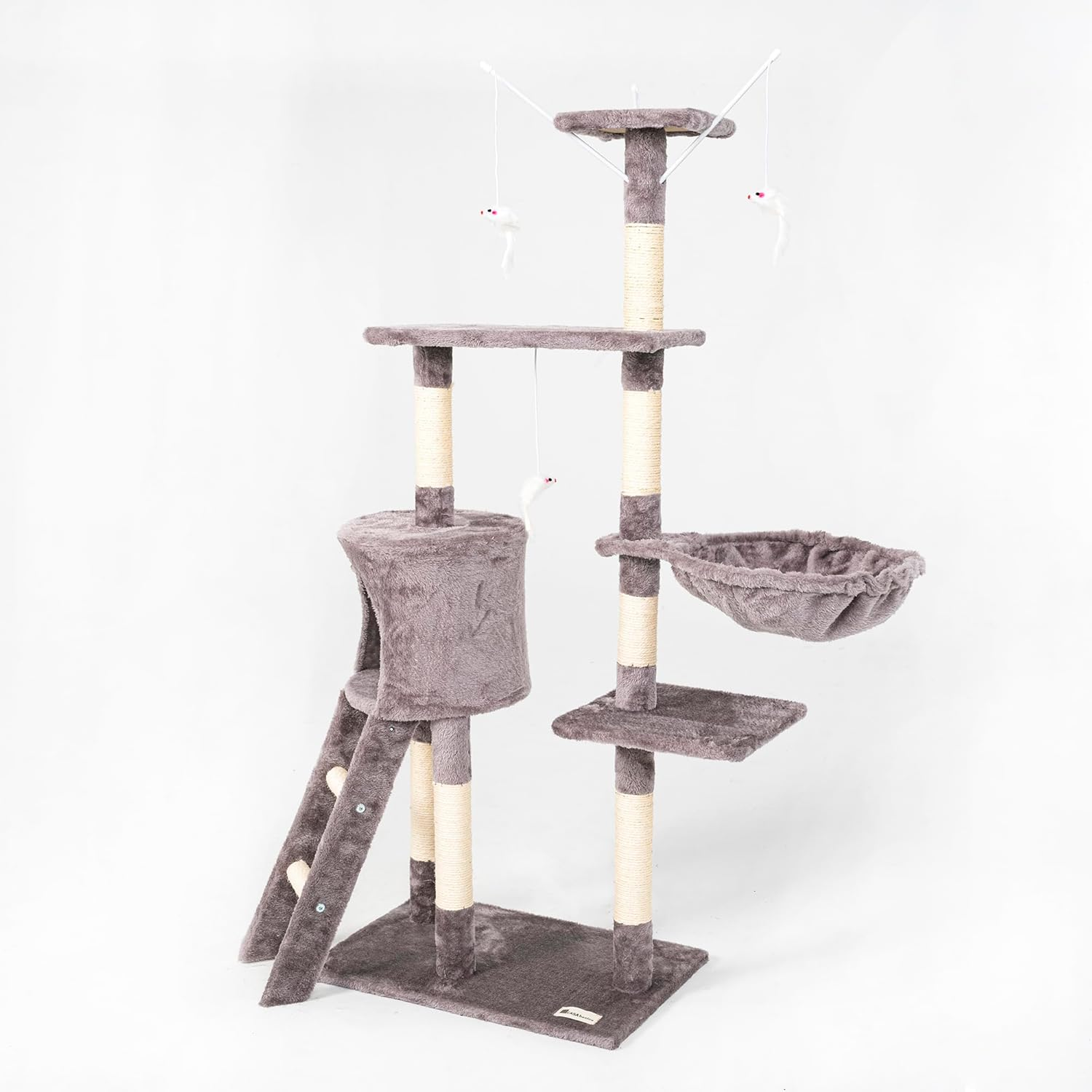 Casa Basics - Cat Tree NENI, Height: 144 Cm, Multi-Level Cat Scratching Post Play Tower with Ladder, Den, Nest, 3 Platforms and 4 Rats (Gray) - Gray image number 3