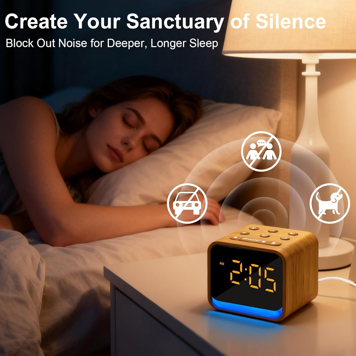 Omebel 2-In-1 White Noise Machine & Alarm Clock, 24 Soothing Sounds, 7 Color Night Light, Portable Sound Machine for Baby & Adult Sleep, Timer & Memory Function image number 3