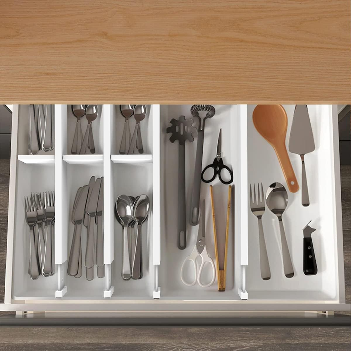 ANTOWIN Bamboo Drawer Dividers, Expandable Drawer Separators Splitter(43-56Cm), Adjustable Spring-Loaded Organizer for Large Utensil, Clothes, Tools Drawers(White) - Grey image number 6