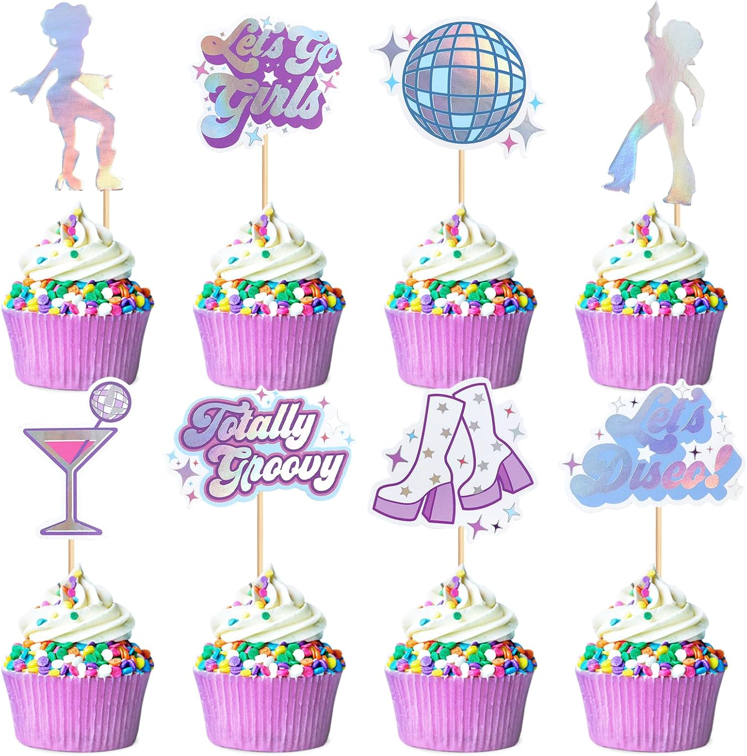 32PCS Let'S Party Cupcake Toppers Cowboy Rainbow Smile Face Heart Cupcake Picks Let'S Go Dance Cake Decorations for Disco Theme Wedding Women Birthday Party Supplies Pink