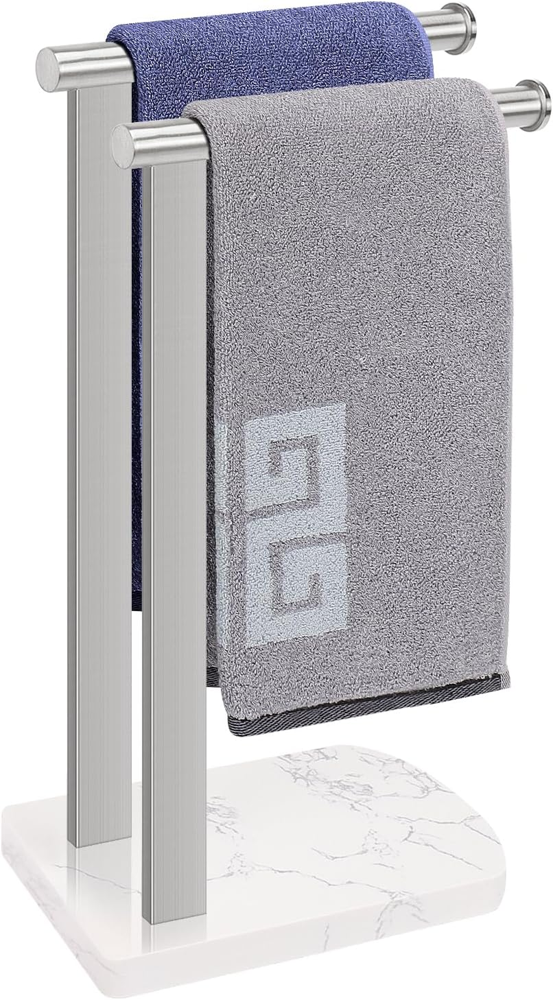 Nearmoon Hand Towel Holder with Balanced Marble Base, SUS304 Stainless Steel Stand Towel Ring L Shape Hand Towel Rack Free-Standing Towel Bar for Bathroom Kitchen Countertop(Double Rod Brushed Nickel) image number 3