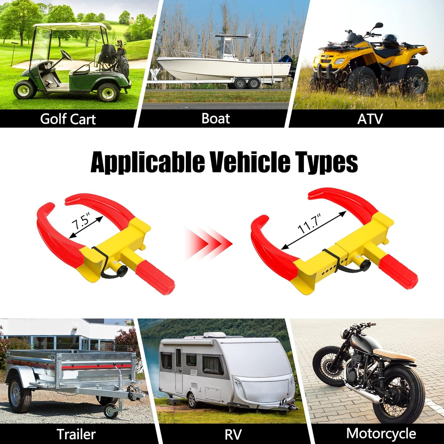 KAYCENTOP Wheel Clamp Lock Tire Lock anti Theft Lock Fit Most Vehicles Max 10" Tire Width and 7" Reach for Trailers SUV Boats Atvs Motorcycles Golf Cart Great Deterrent Bright Yellow/Red image number 4