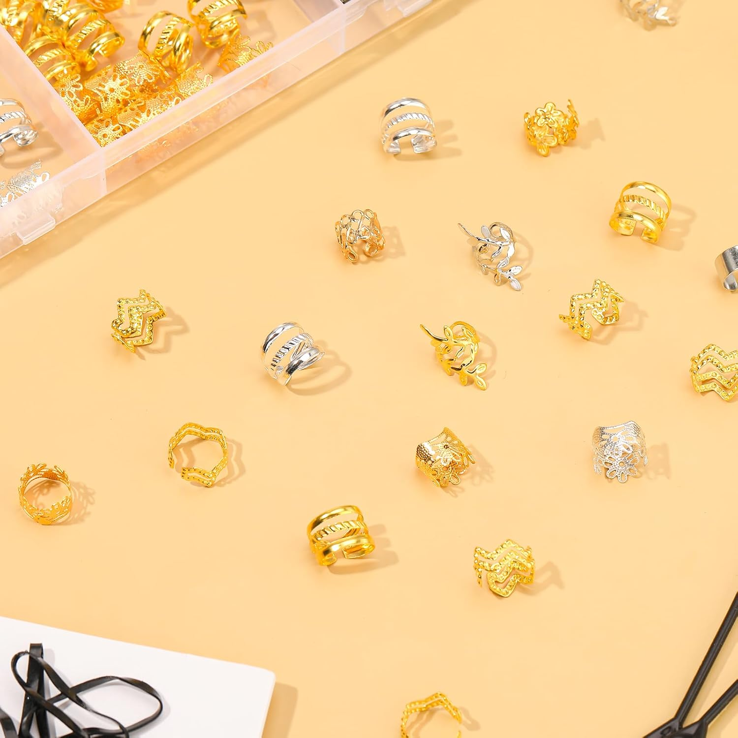 Dusaniyali 100 Piece Dreadlocks Jewellery Set Hair Accessories Pirate Hair Rings Silver and Gold Pirate Hair Accessories Braids Accessories with Rubber Bands Storage Box for Braids Hair