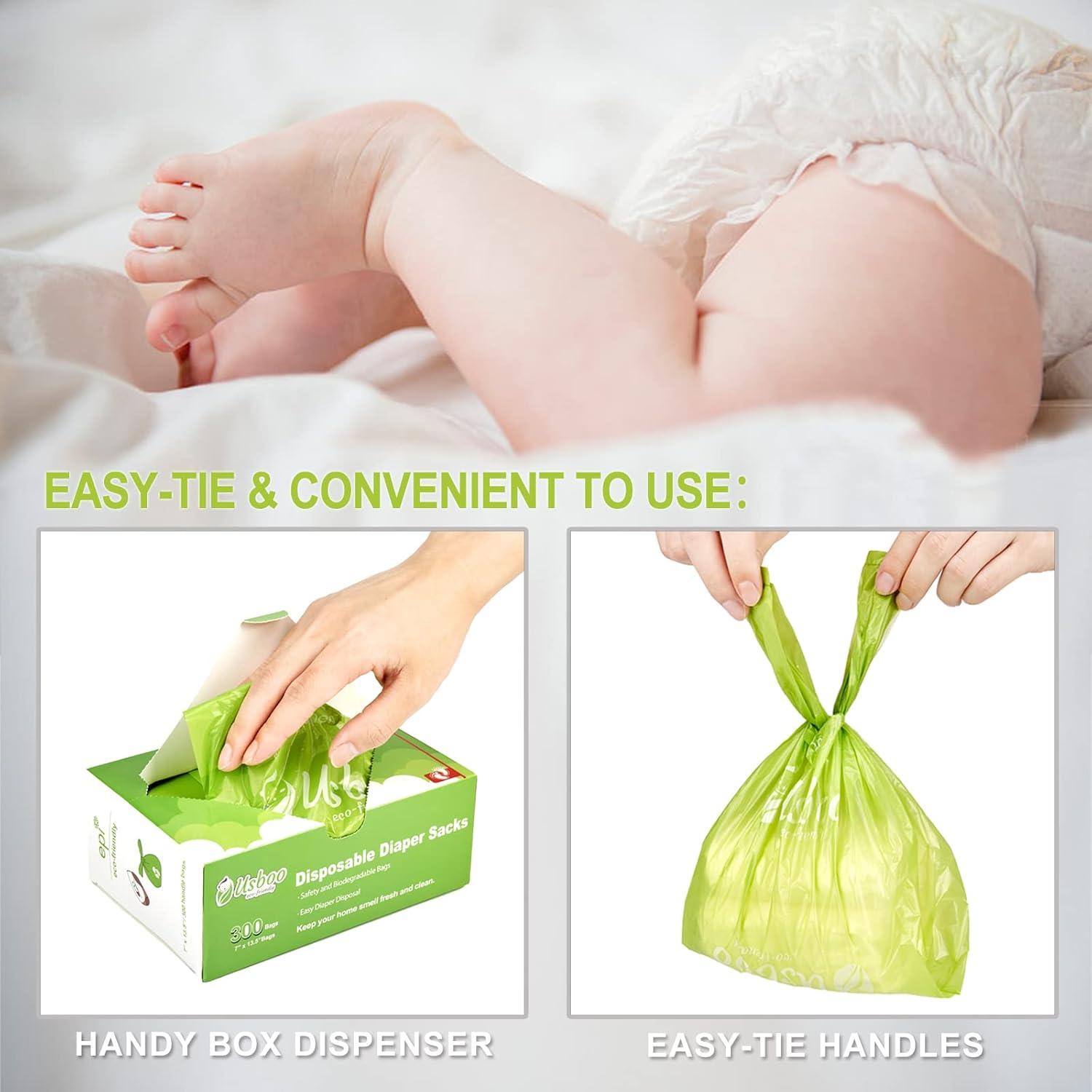 Baby Disposable Diaper Bags,300 Count Oxo-Biodegradable Diaper Sacks,Easy-Tie Handles,Diaper Disposal or Pet Waste Bags, Unscented - Green image number 3
