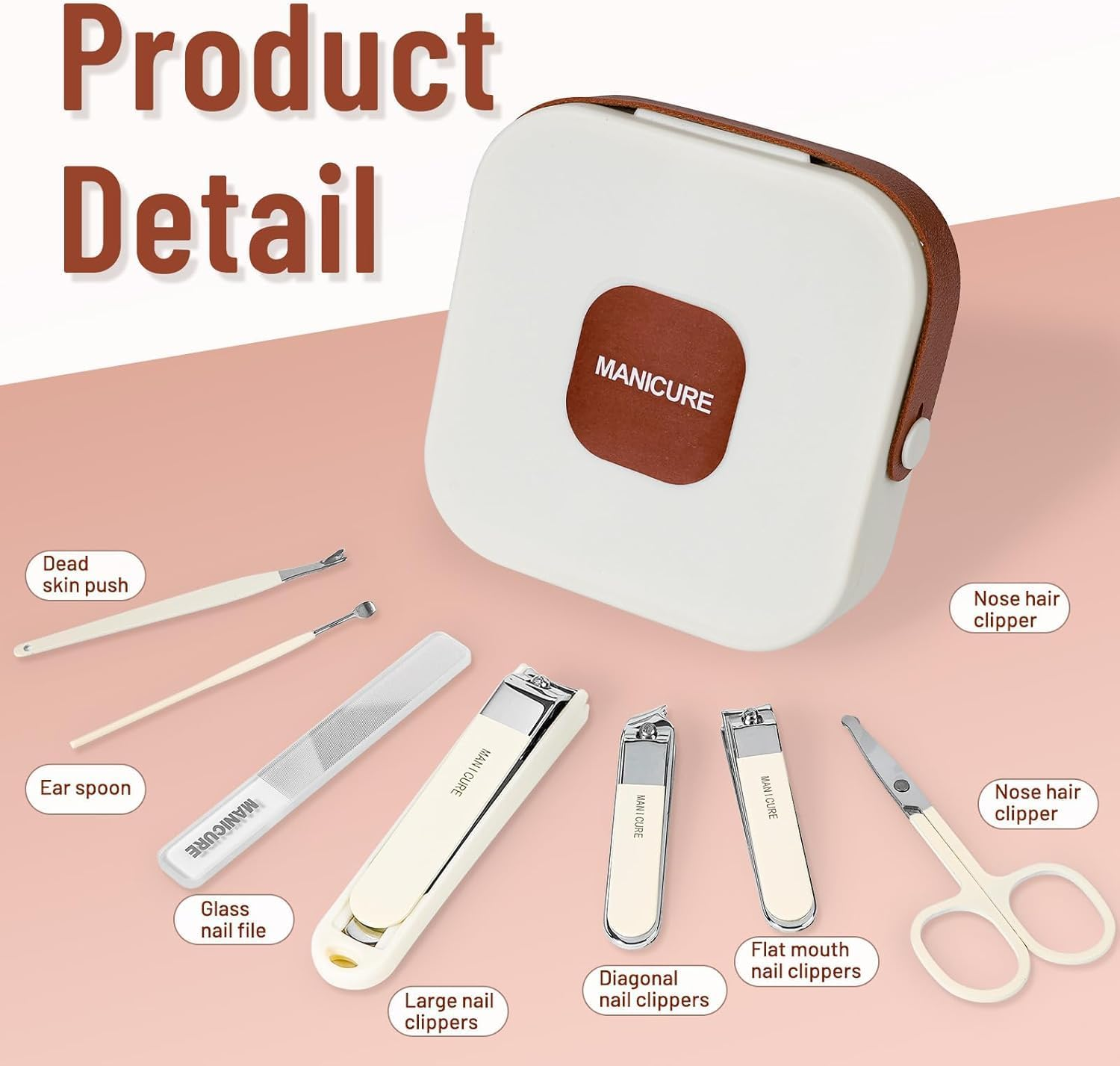 Quhoxdye Nail Clippers Set 7 Pieces Stainless Steel Professional Grooming Kits, Fingernail and Toenail Clipper Cutters with Luxurious Travel Case Nail Care Tools Manicure Pedicure Kit (Beige+Beige)