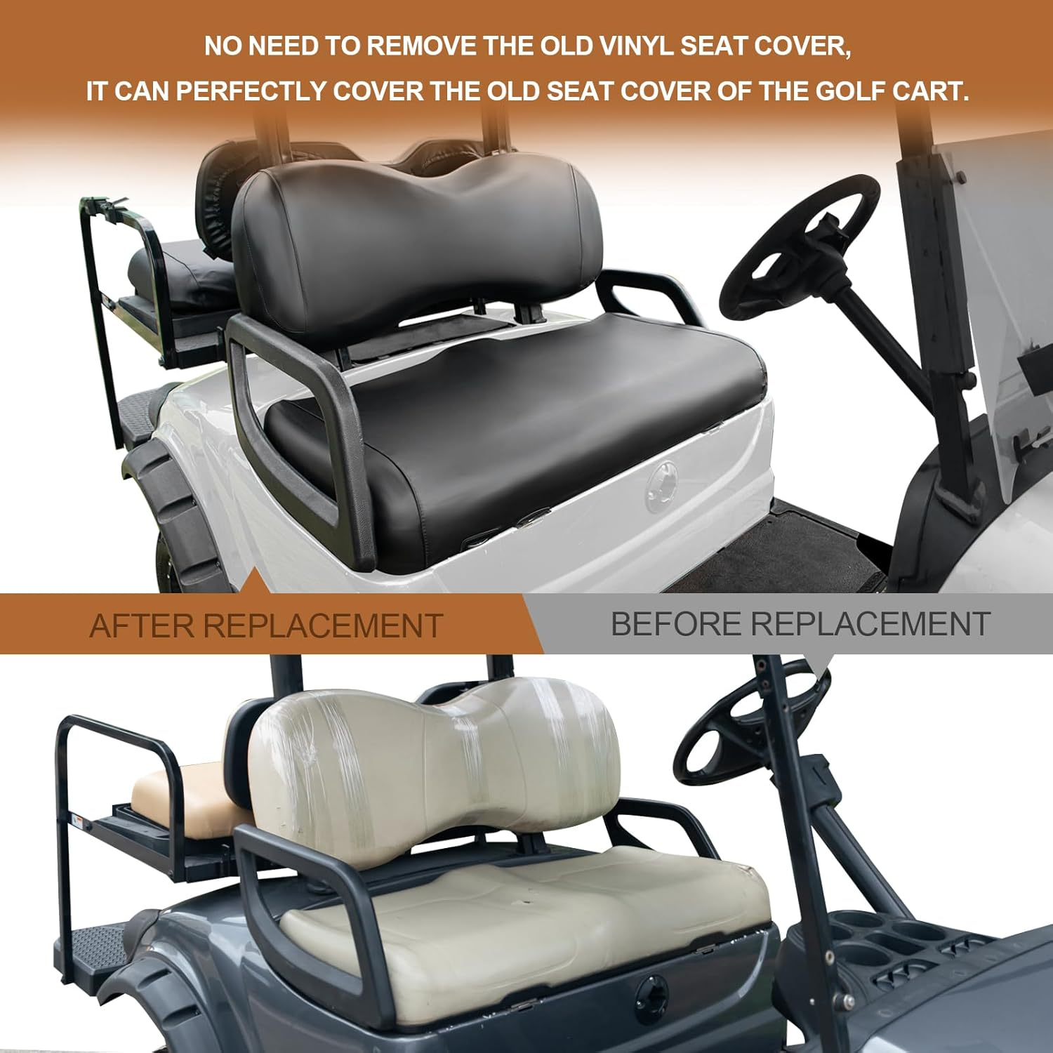 Golf Cart Front Seat Covers for Yamaha Drive/Drive 2 Original Regular Seat Cushion,No Stapler,Smooth and Simple Style, Golf Cart Vinyl Waterproof Replacement Seat Cover,(Black) - For Club Car Precedent Front And Rear Seat image number 4