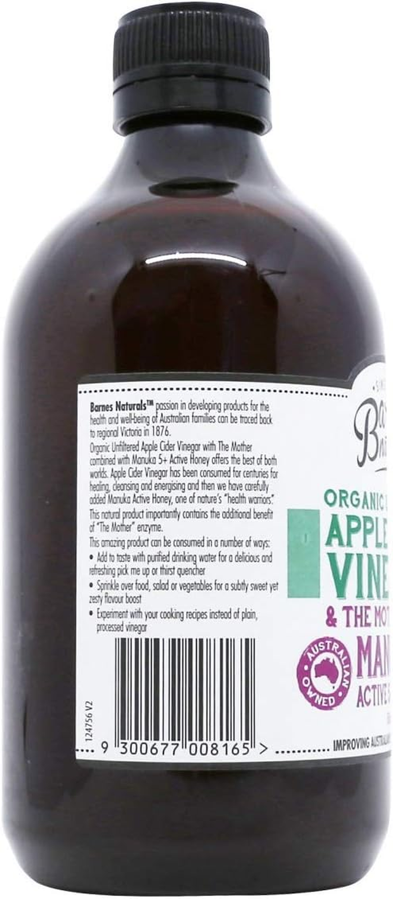 Barnes Naturals Organic Unfiltered Apple Cider Vinegar with the Mother and Manuka Honey 500 Ml image number 3