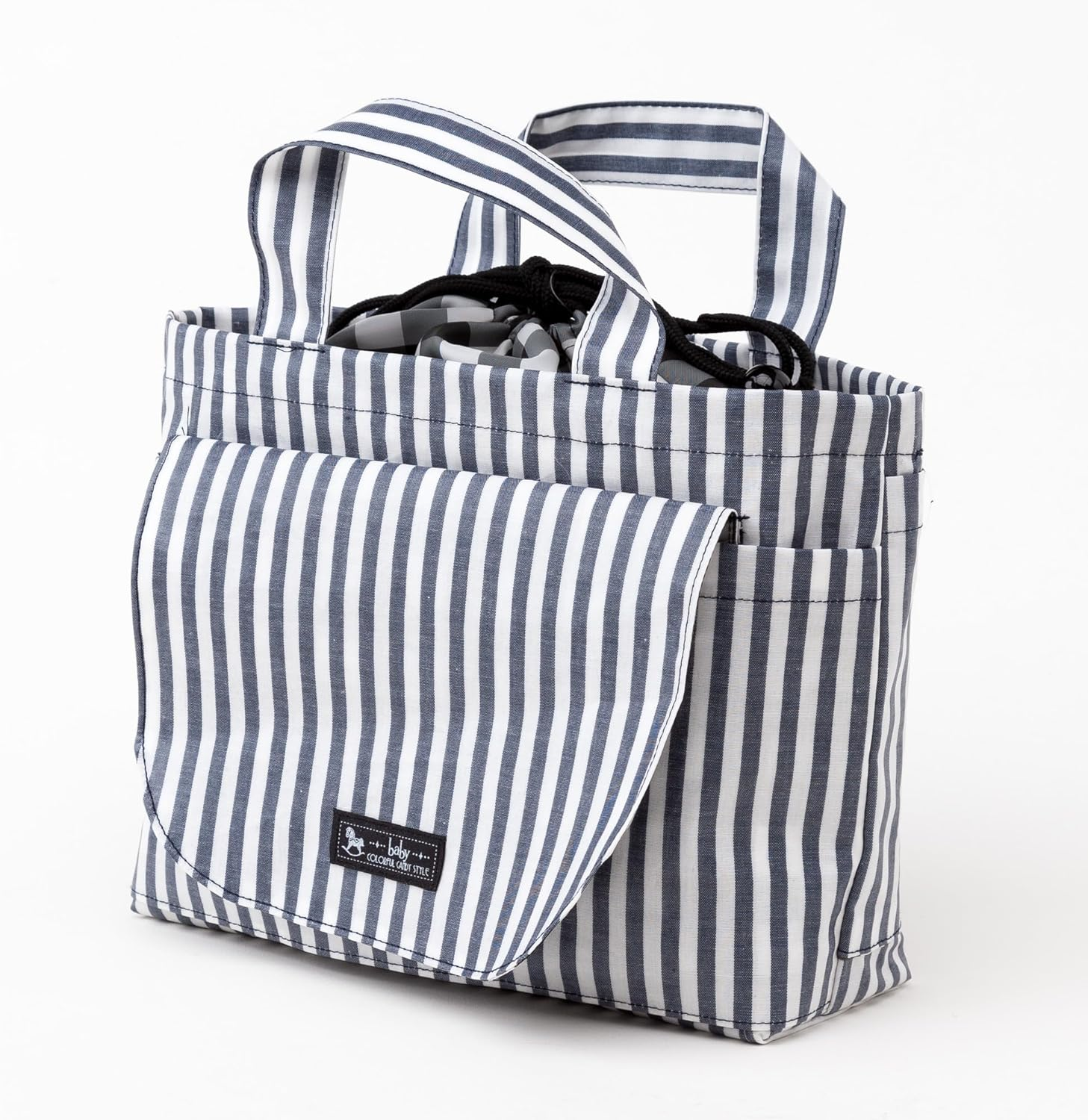 Colorful Candy Style B8002000-BTR Diaper Pouch (Drawstring Tote Type), Diaper Changing Sheet, Set of 2, Basic Stripe, Navy Blue image number 4