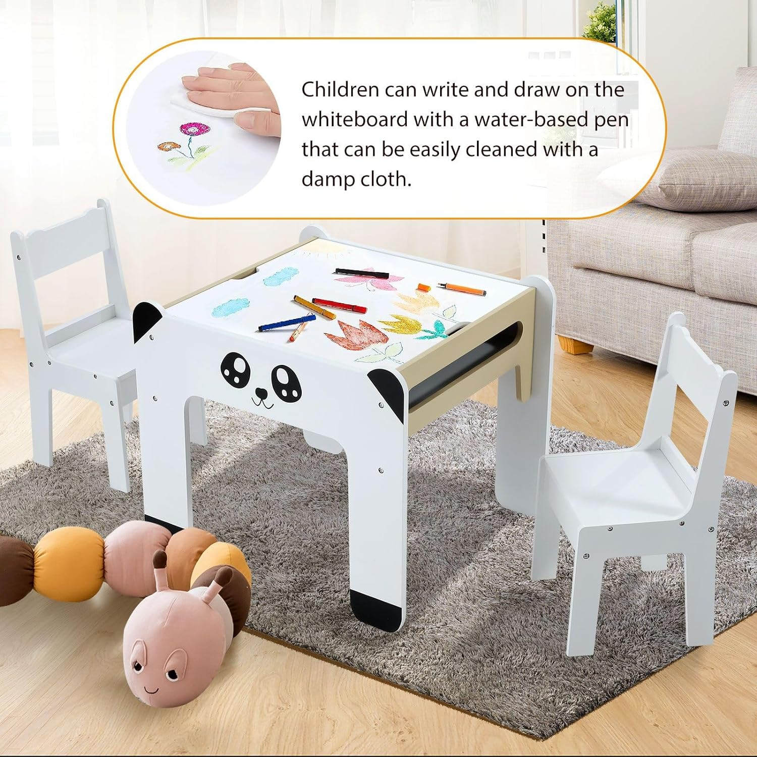 Kidbot Kids Table and 2 Chairs Set Wooden Toddler Desk with Storage Furniture Children Activity Centre for Study Drawing Reading Panda Cartoon Shape image number 5
