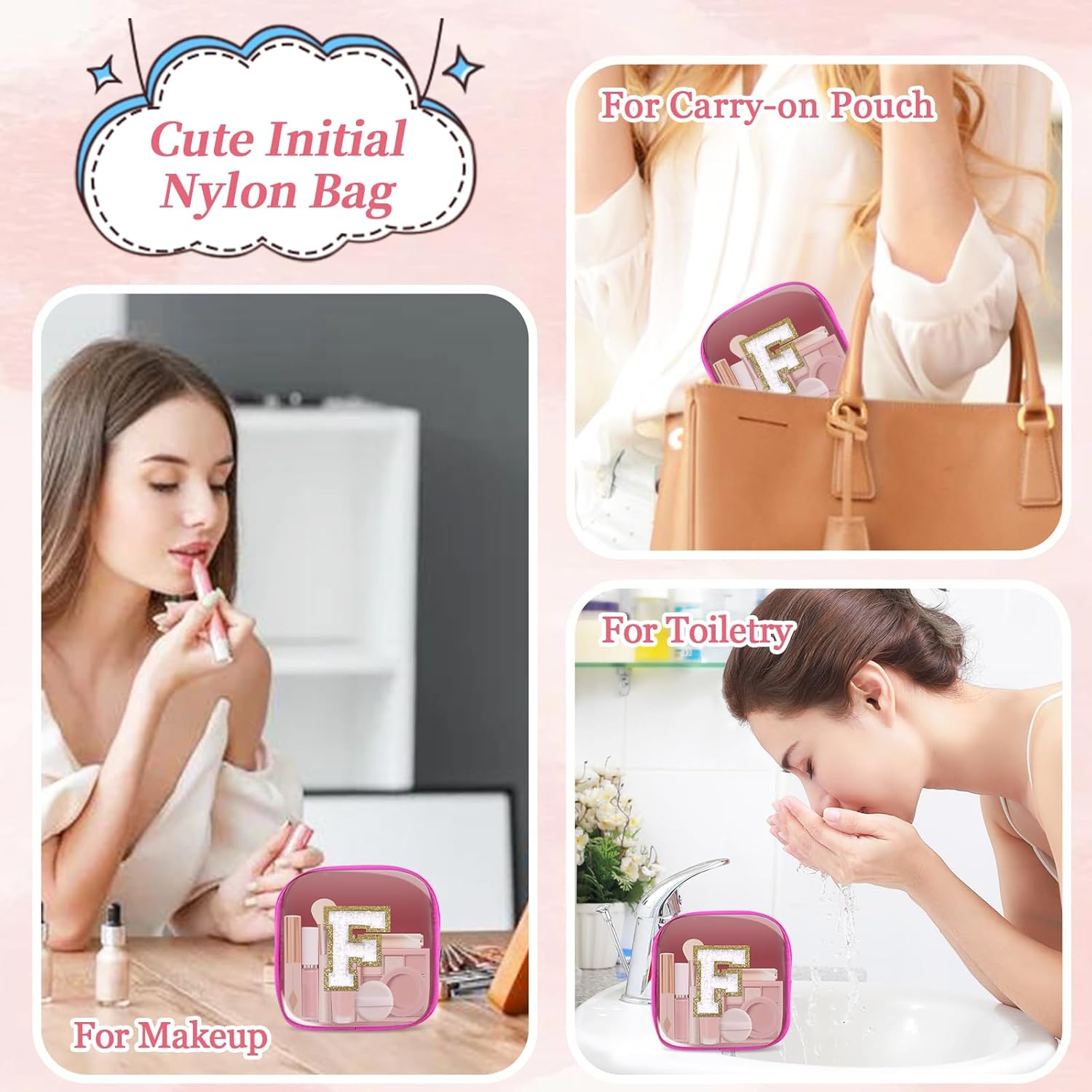 Mini Clear Personalized Initial Makeup Bag, Nylon Preppy A-Z Chenille Letter Patch Zipper Cosmetic Bag, Small Cute Pouch Travel Coin Purse Toiletry Bag, Mini-Hotpink, F image number 3