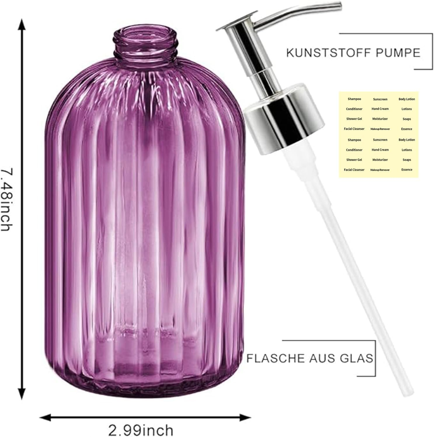 Clear Glass Soap Dispenser (2 Pack 400ML) Refillable Hand Soap Dispenser Vertical - Stripe Bathroom & Kitchen Dispensing Containers (Purple) image number 2