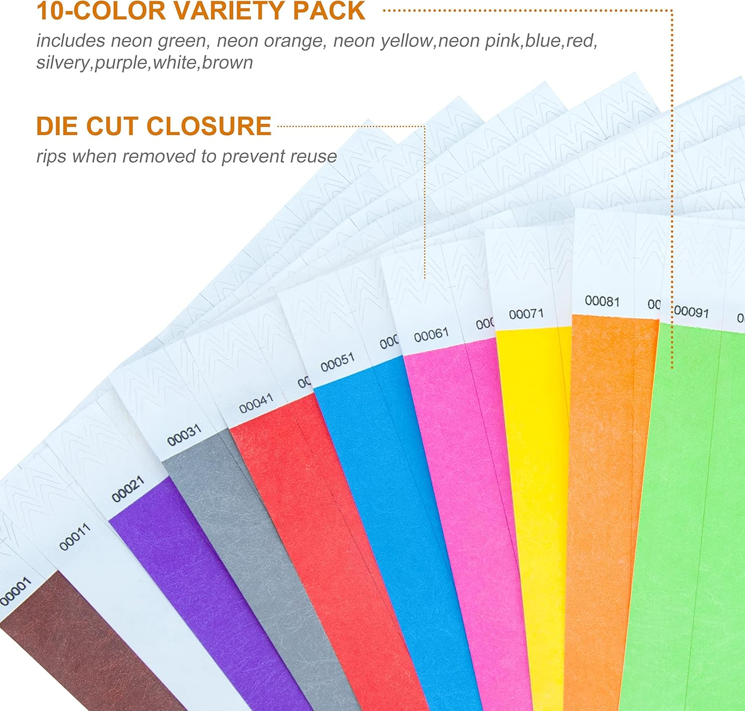 DGBDPACK 100 Pcs Wristbands, 1-100 Consecutive Numbers Waterproof Tearproof and Printable Wrist Straps Admission Bracelets Tickets (Assorted) - Brown image number 4