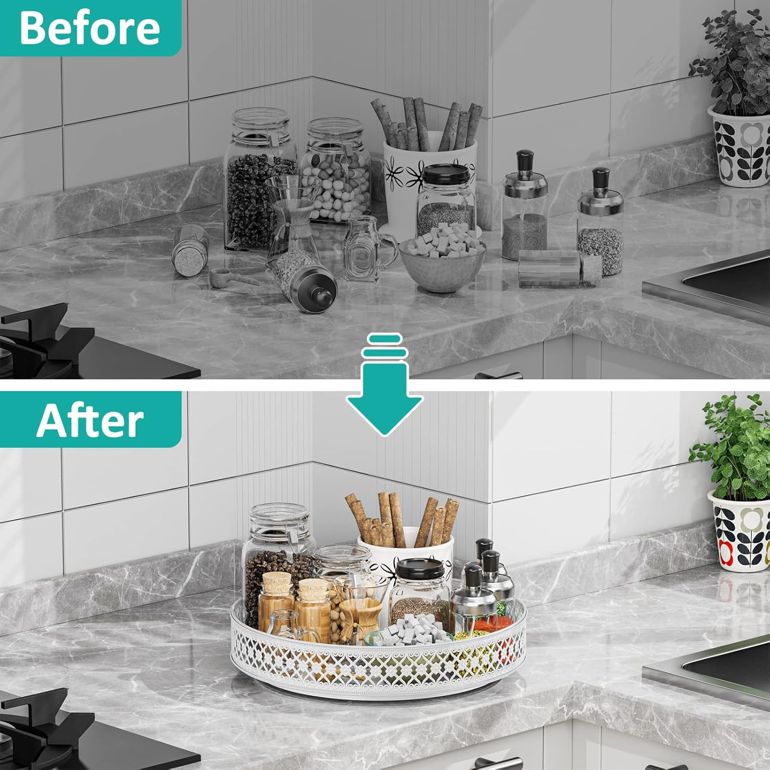 Ovicar Lazy Susan Turntable Organizer - 13 Inch Rotating Spice Rack Metal Lazy Susan for Cabinet Pantry Kitchen Countertop Dining Table Cupboard Bathroom Vanity Refrigerator White