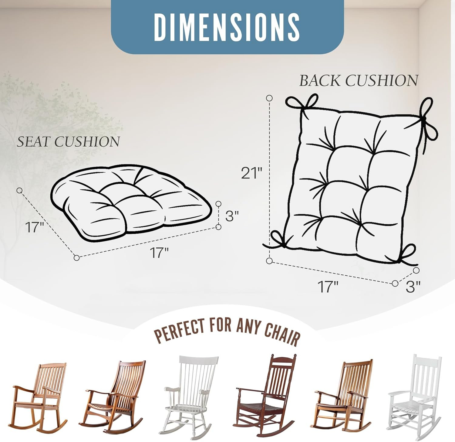 The Gripper Twill Jumbo XL Non-Slip Rocking Chair Cushion Set with Thick Padding, Includes Seat Pad & Back Pillow with Ties for Indoor Living Room Rocker, 17X17 Inches, 2 Piece Set, Sapphire - Mastic Green image number 4