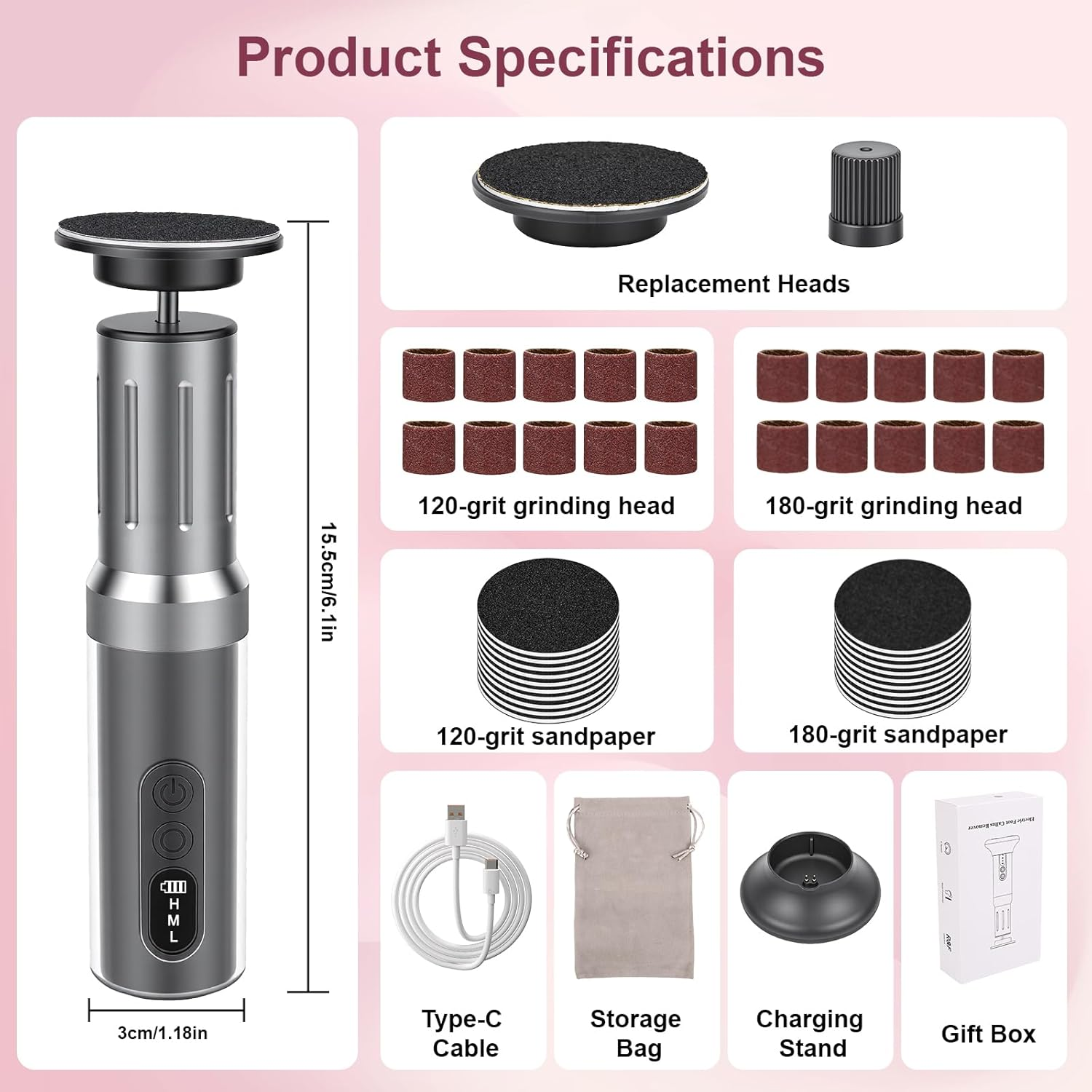 Glovios Electric Callus Remover with LED Display, 2 in 1 Professional Callus Remover Set with Foot Files and Nail Polisher, 6 Speeds, Foot Care Set for Dead Hard Skin image number 6