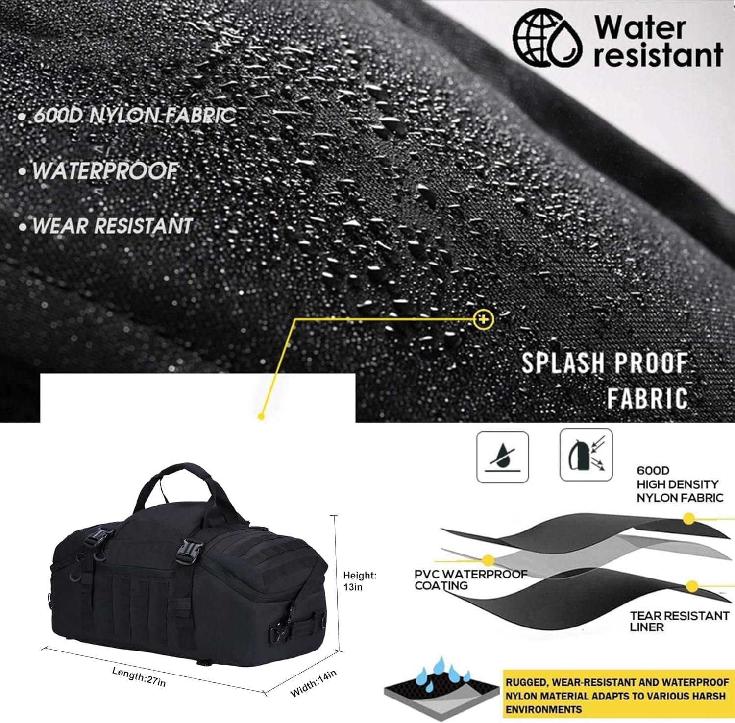 PAIWPHLI Gym Bag Duffle Bags Backpack Travel Duffle Bag with Weekend Overnight Bag for Outdoor Camping Hunting, Black, 80L, Duffel Bag image number 1