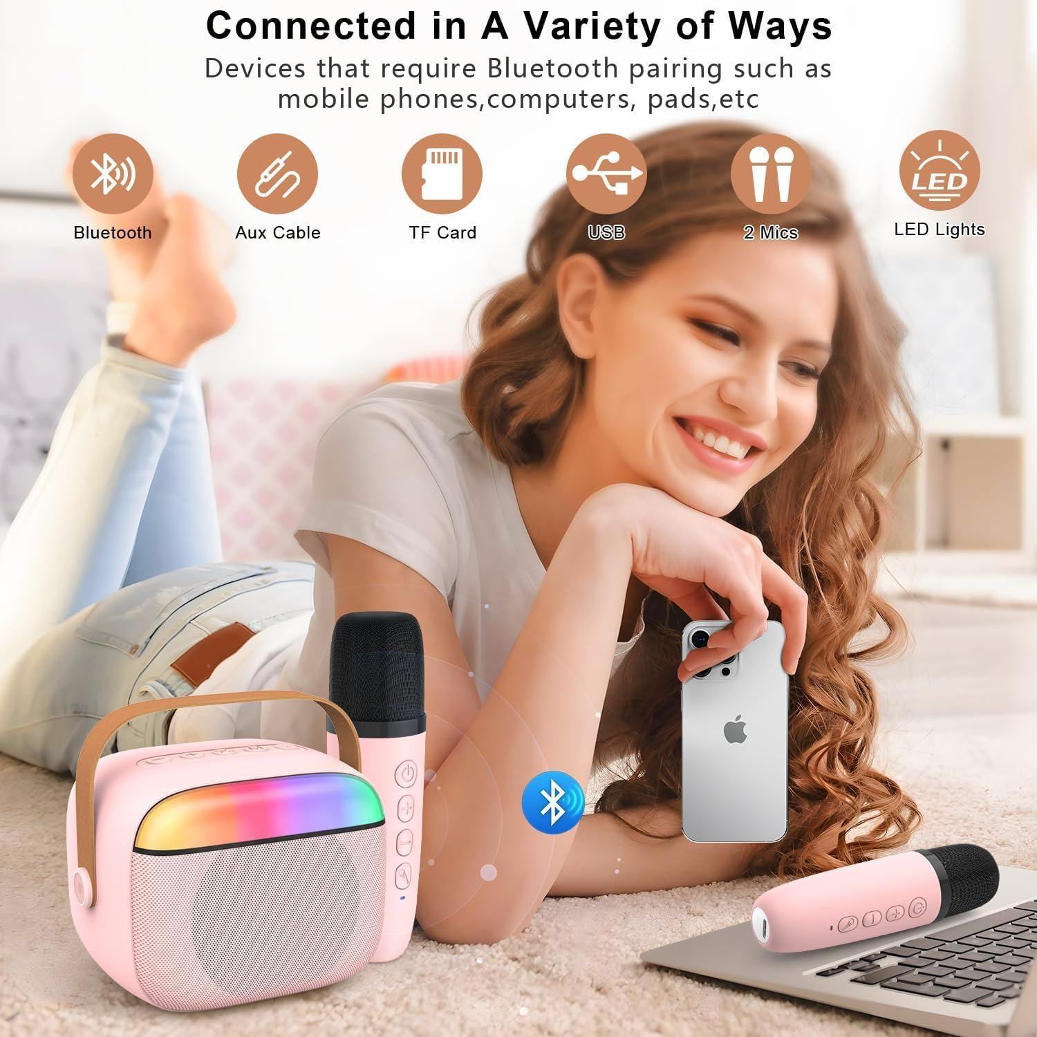 Karaoke Machine for Kids Adults, Mini Portable Bluetooth Speaker with 2 Wireless Microphone, Kids Toys Birthday Gifts for Girls Ages 4-12 +Year Old Family Home Party (Pink) image number 1