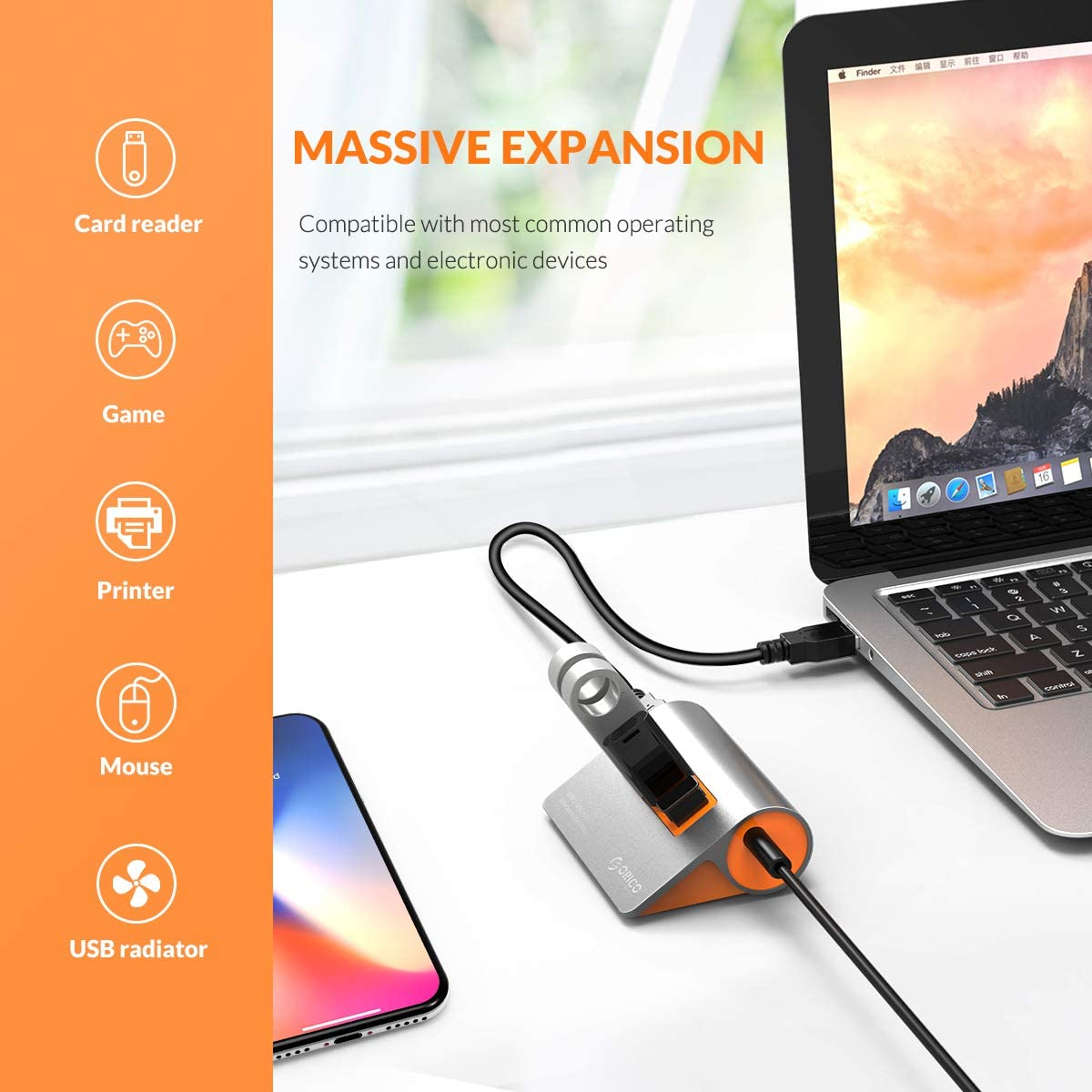 ORICO 4 Ports Powered USB 3.1 Gen2 Hub Aluminum Data Hub 10 Gbps Superspeed USB Splitter with 12V/2A Power Adapter for Desktop Pc/Laptop image number 2