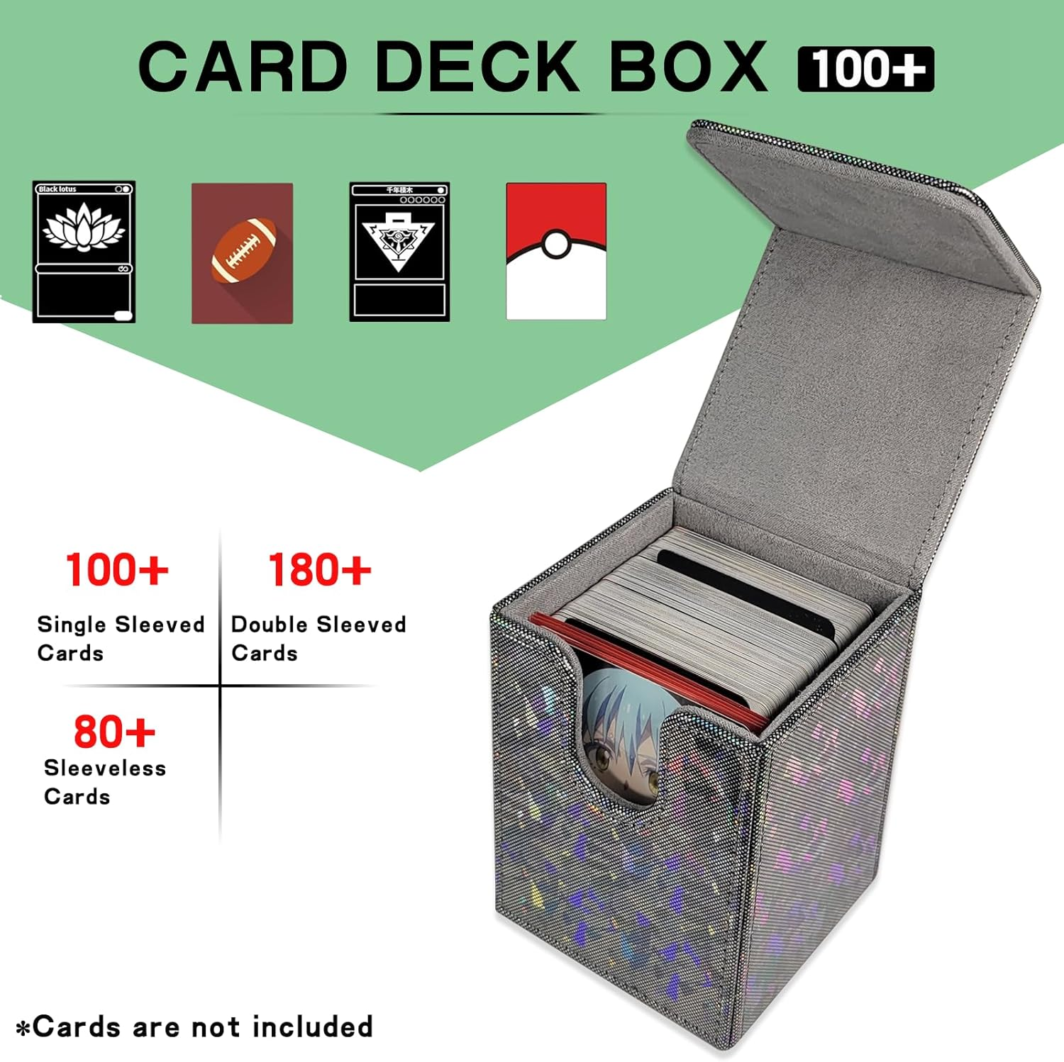 Dmoicols Sparkly Card Deck Box Holds 100+ Single Sleeved Cards ,Leather Card Storage Case,Mtg Commander Deck Box with 2 Dividers Fit TCG CCG Magic Cards Vertical(Sparkly Black Piece) image number 5