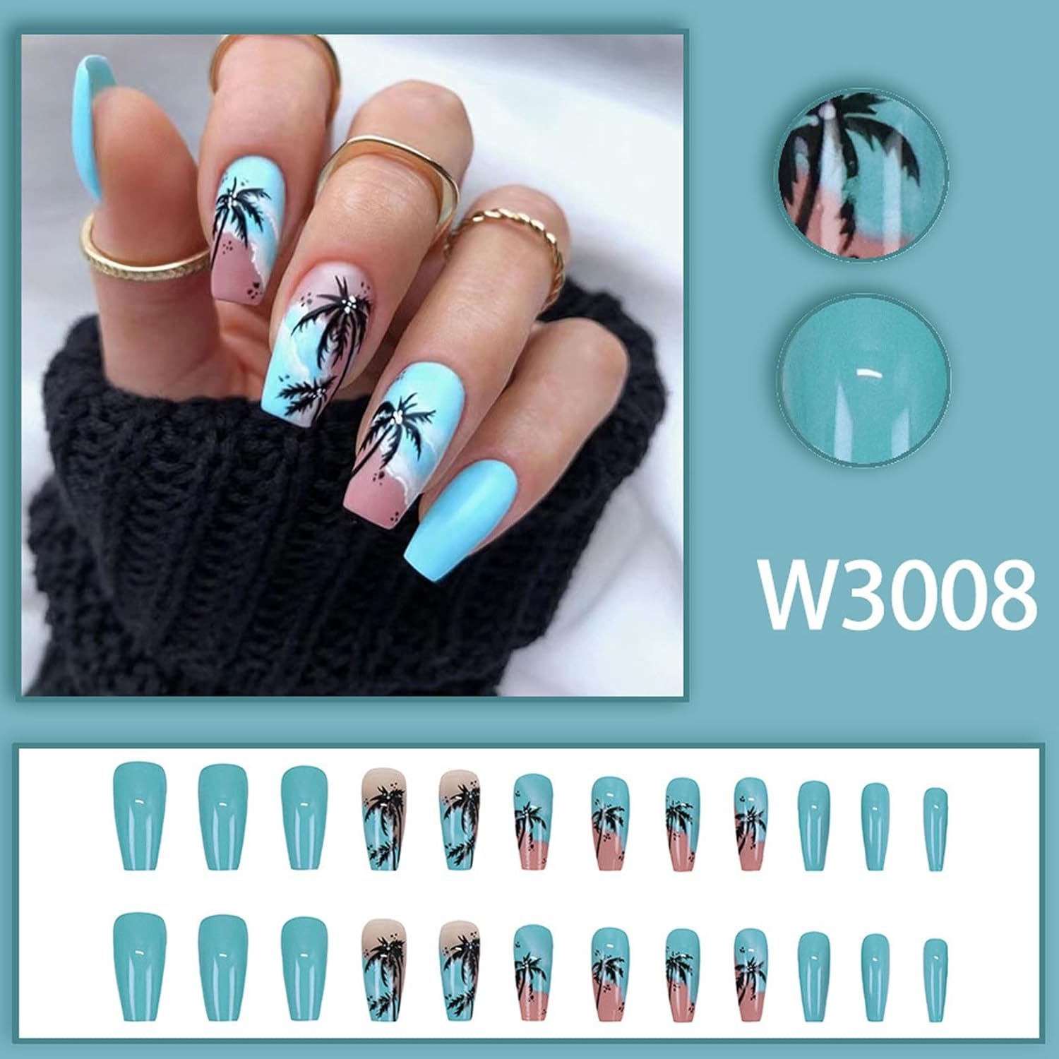 24 Pcs Coconut Tree Fake Claws Gradient Faux Glossy Full Cover Stick on Long Press On image number 4