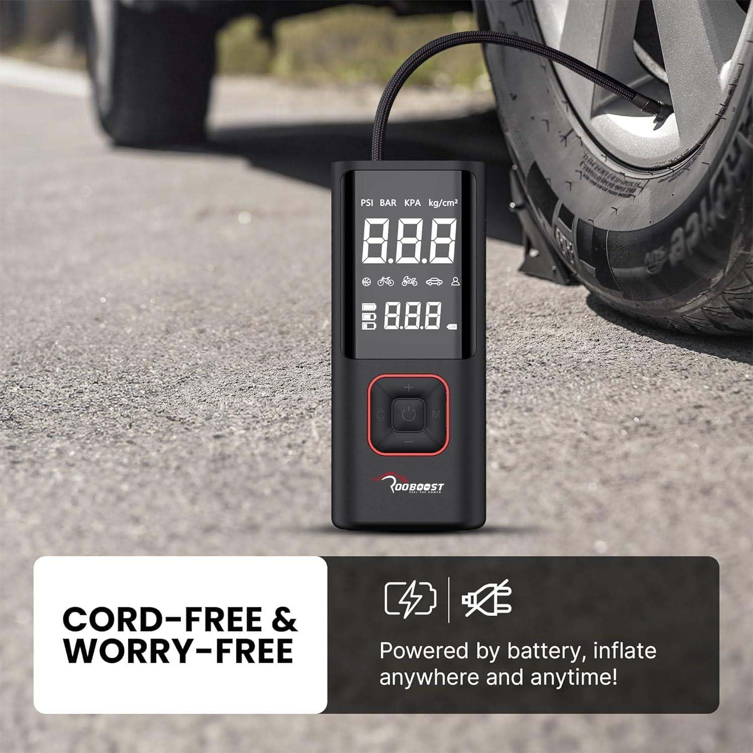 ROOBOOST Tyre Inflator, 6000Mah Cordless Air Compressor, 150PSI Pressure Digital Gauge, Car/Bike/Ball/Air Pump, USB Type-C Charger, Emergency Light. RB-TL80 Cordless Tyre Inflator & Power Bank