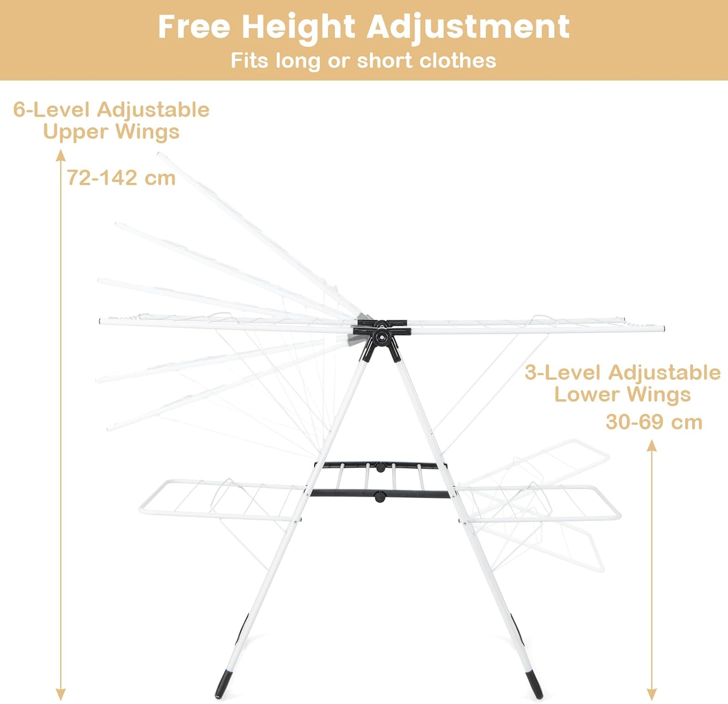 Giantex Folding Clothes Drying Rack, 2-Tier Metal Laundry Drying Rack Laundry Drying Rack with Height-Adjustable Wings, 33 Drying Rails, Middle Sock Clips, Side Wave-Shaped Bars, No Assembly image number 6