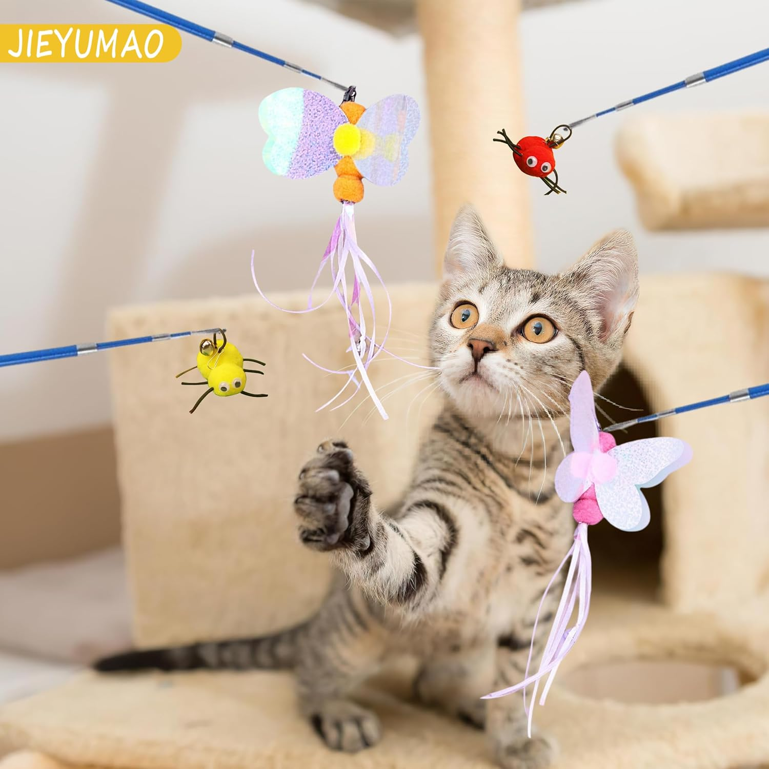 12Pcs Cat Wand Attachments, Various Styles Cat Worm Toy Refills with Bell, Multicolor Cat Feather Toys Refills Interactive Teaser Toy Refill Cat Feather Toys Replacement for Indoor image number 4