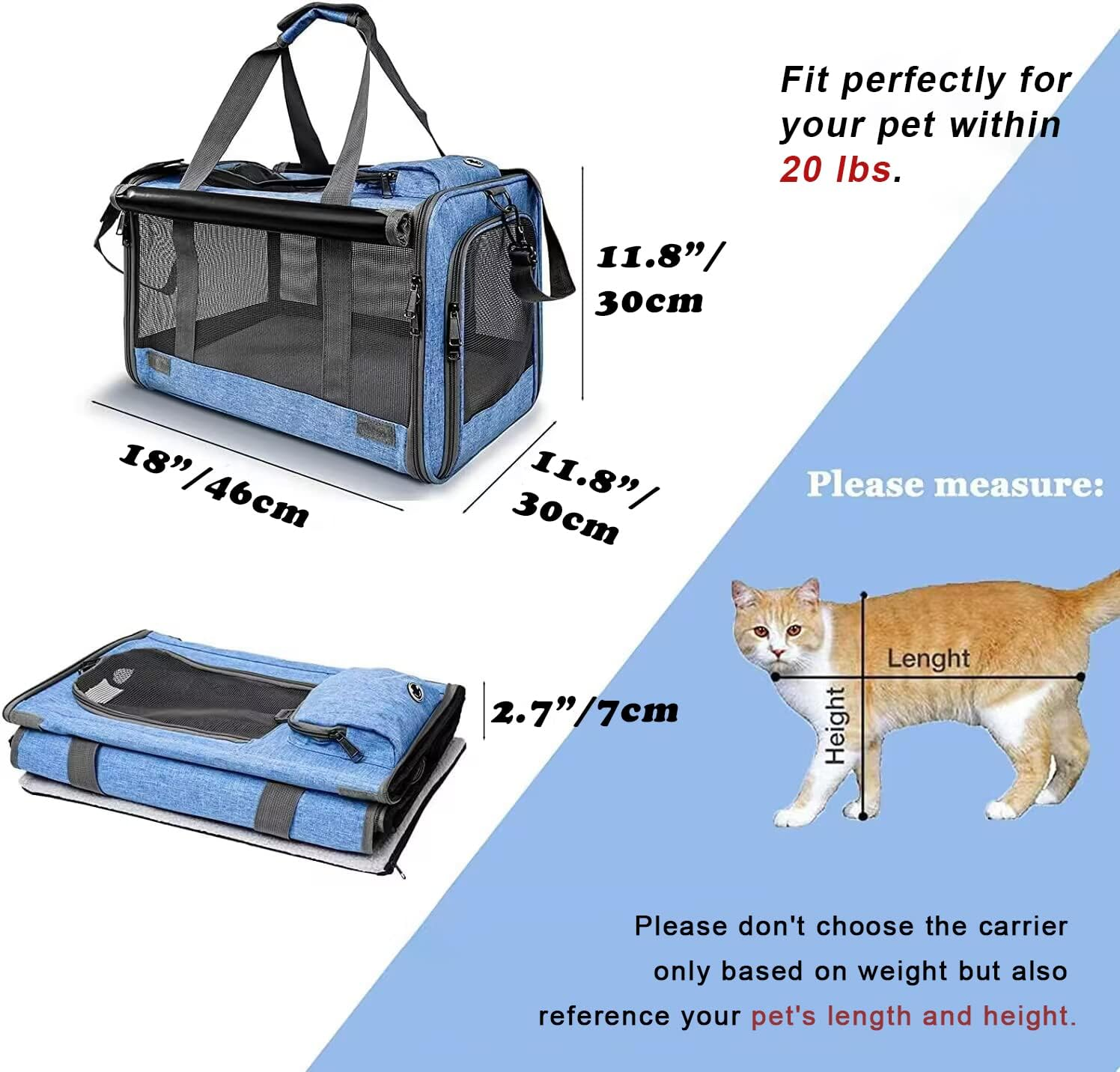 GAPZER Pet Travel Carrier Bag Dog Carriers Cat Carrier, Mesh Breathable Collapsible Puppy Carrier-Airline Approved (Blue) - Grey image number 5