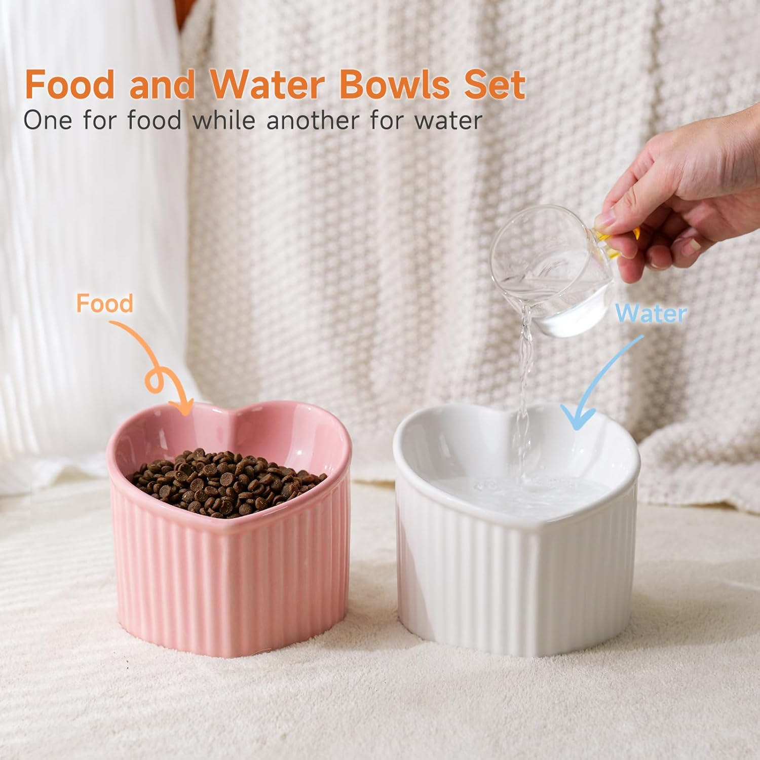 Yauyik Tilted Elevated Food Water Bowls Set of 2 - Ceramic Raised Cat Bowls - Pet Feeding Bowl Backflow Prevention for Cats Small Dogs, White & Pink image number 2