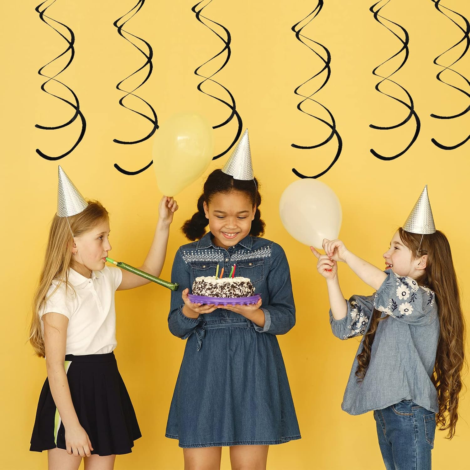 Black Hanging Swirl Decorations Plastic Streamers Foil Swirls Ceiling Decorations for Birthday|Wedding|Anniversary|Graduation Party Supplies, Pack of 30 - Black image number 4