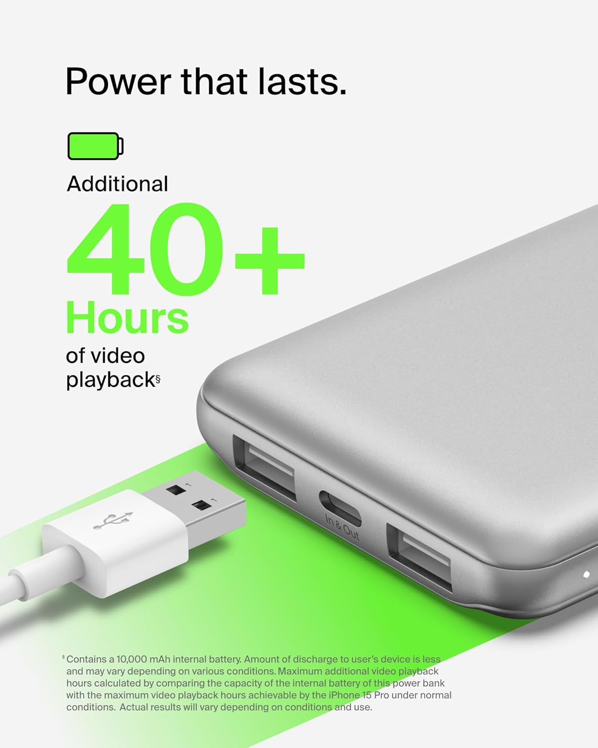 Belkin Boostcharge USB-C Portable Charger 10000Mah Power Bank, 1 USB-C Port and 2 USB-A Ports & Included USB-C to USB-A Cable for Iphone 16/15/14/13 Series, Samsung S24 & More -Silver image number 2