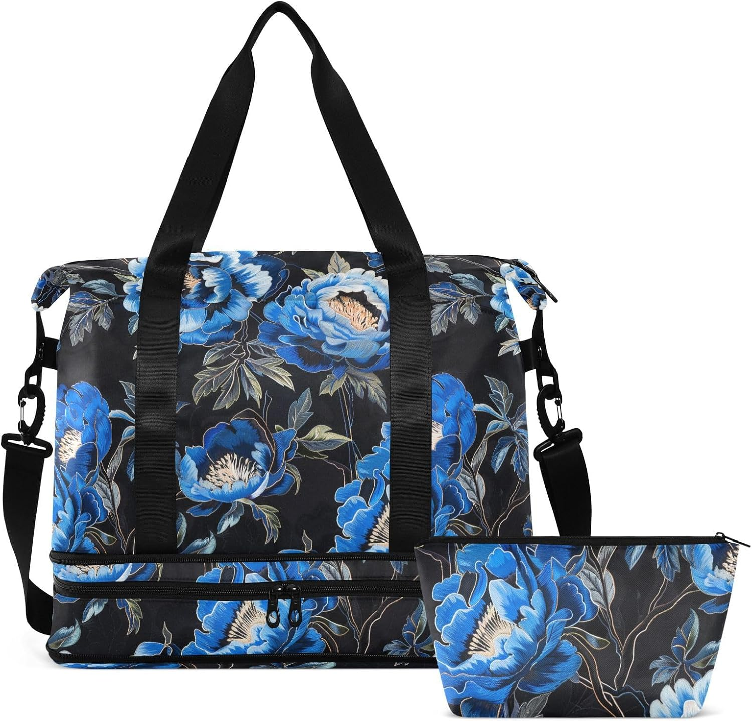 Black with Blue Peony Embroidery Personal Item Travel Bags Travel Weekender Gear Bag Tote Bag with Toiletry Bag for Airplane Traveling Foldable, Black with Blue Peony Embroidery, 1 Size image number 5