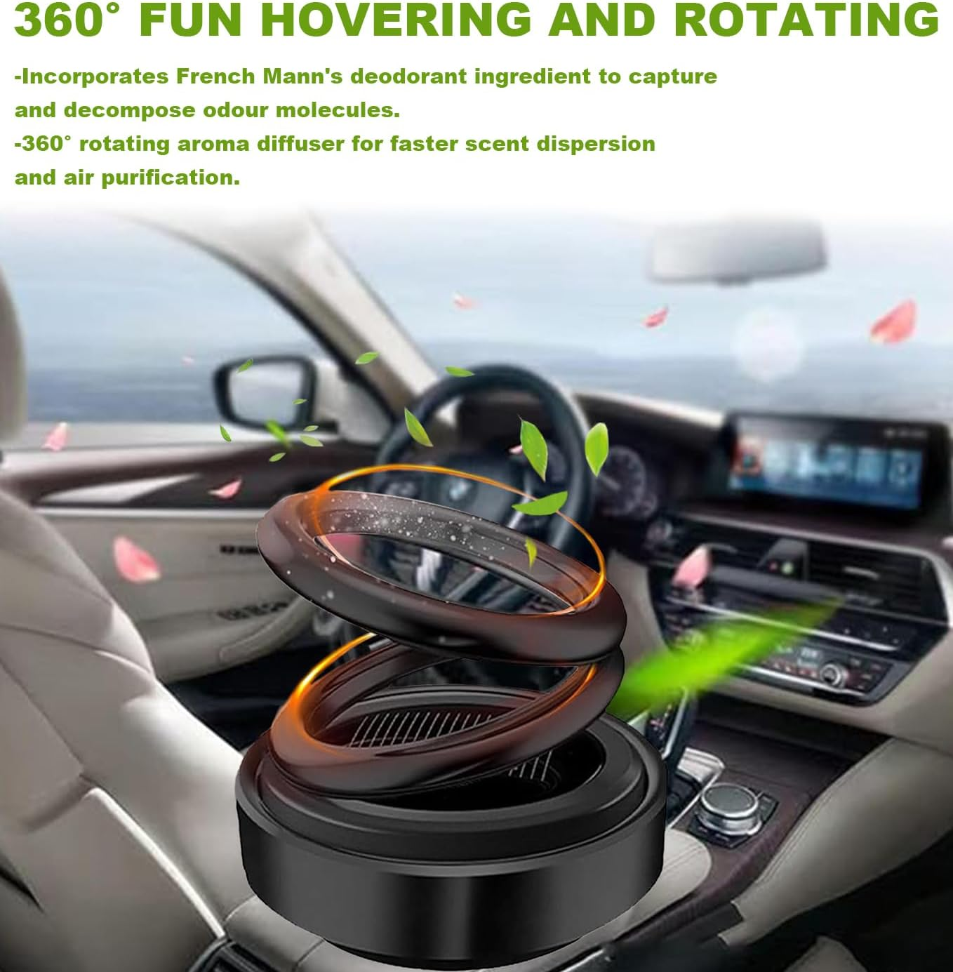 Solar Powered Car Air Freshener, Double Ring Rotating Diffuser, 360-Degree Aromatherapy, Car Interior Accessory (Black) image number 5