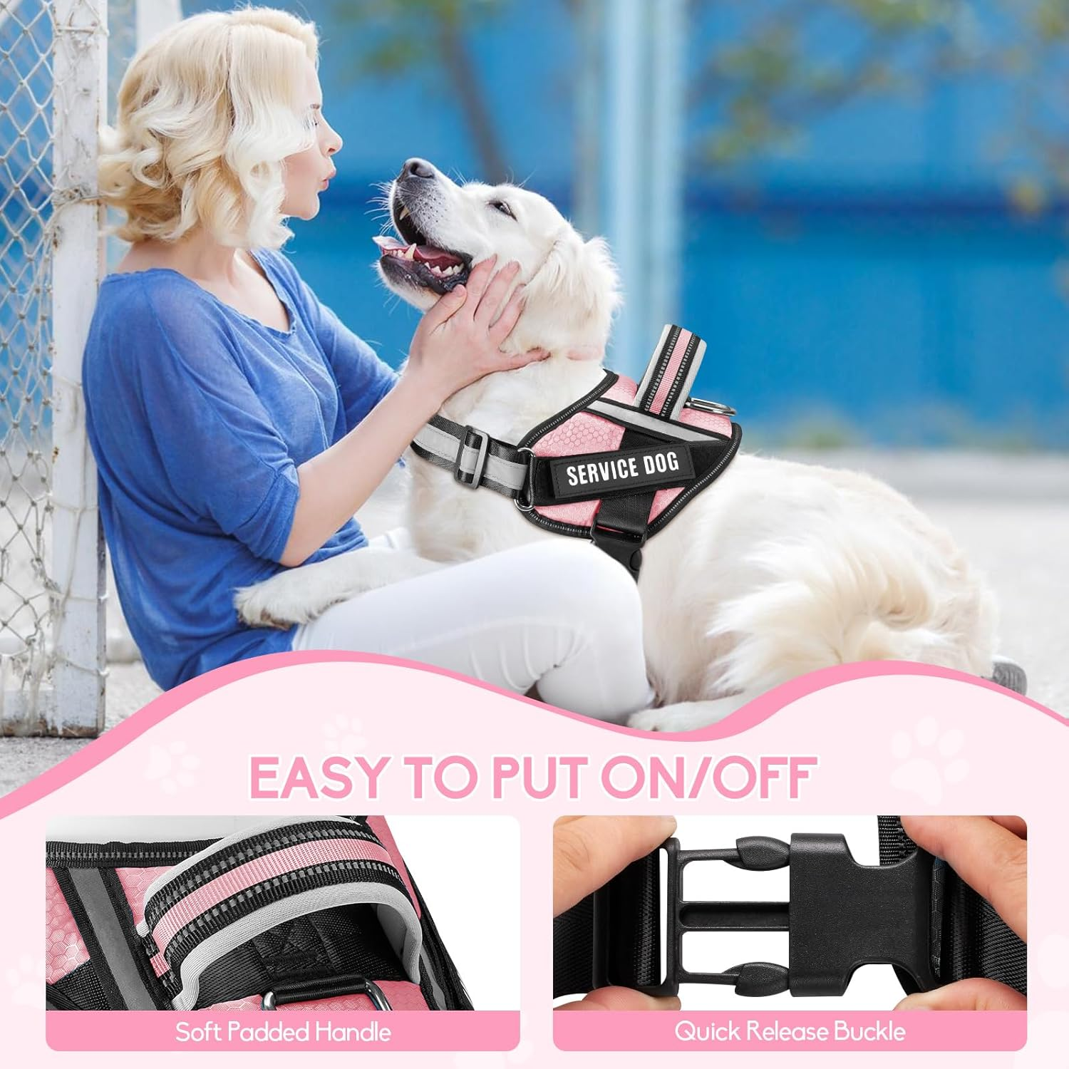 Service Dog Vest Harness and Leash Set, Animire in Training Dog Harness with 9 Dog Patches, Reflective Dog Leash with Soft Padded Handle for Small, Medium, Large, and Extra-Large Dogs (RED,XL) Pink image number 2