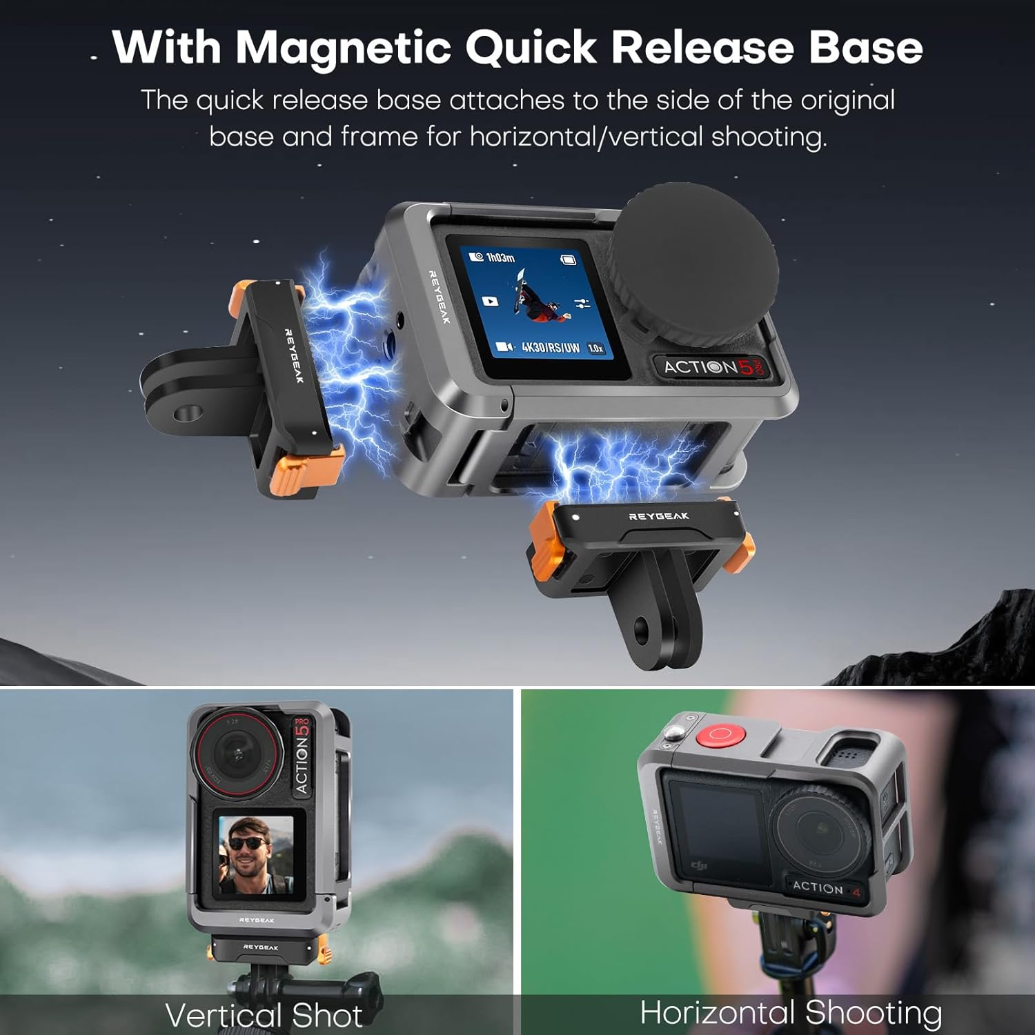 REYGEAK Ultralight Metal Cage for DJI Action 5 Pro/4/3 Aluminum Protective Housing Frame with 1/4 Screw, Cold Shoe, Quick Release Adapter Mount with Dual-Claws for DJI Osmo Action Accessories image number 5