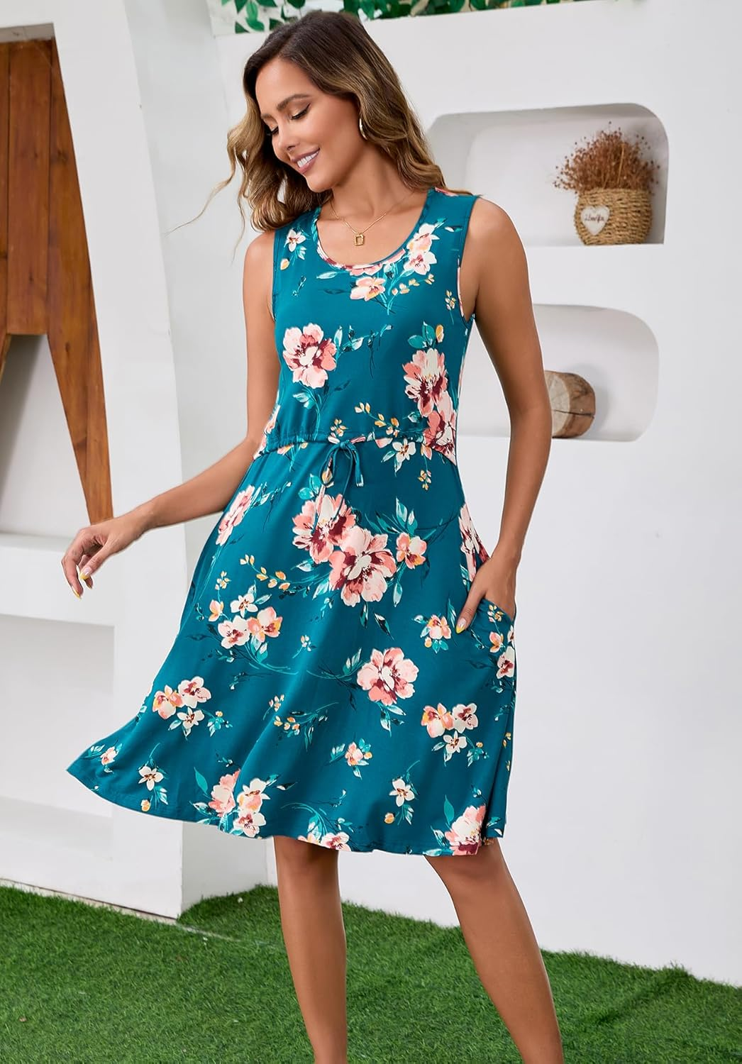 Womens Nursing Dress for Breastfeeding Sleeveless Drawstring Maternity Dress with Pockets image number 4