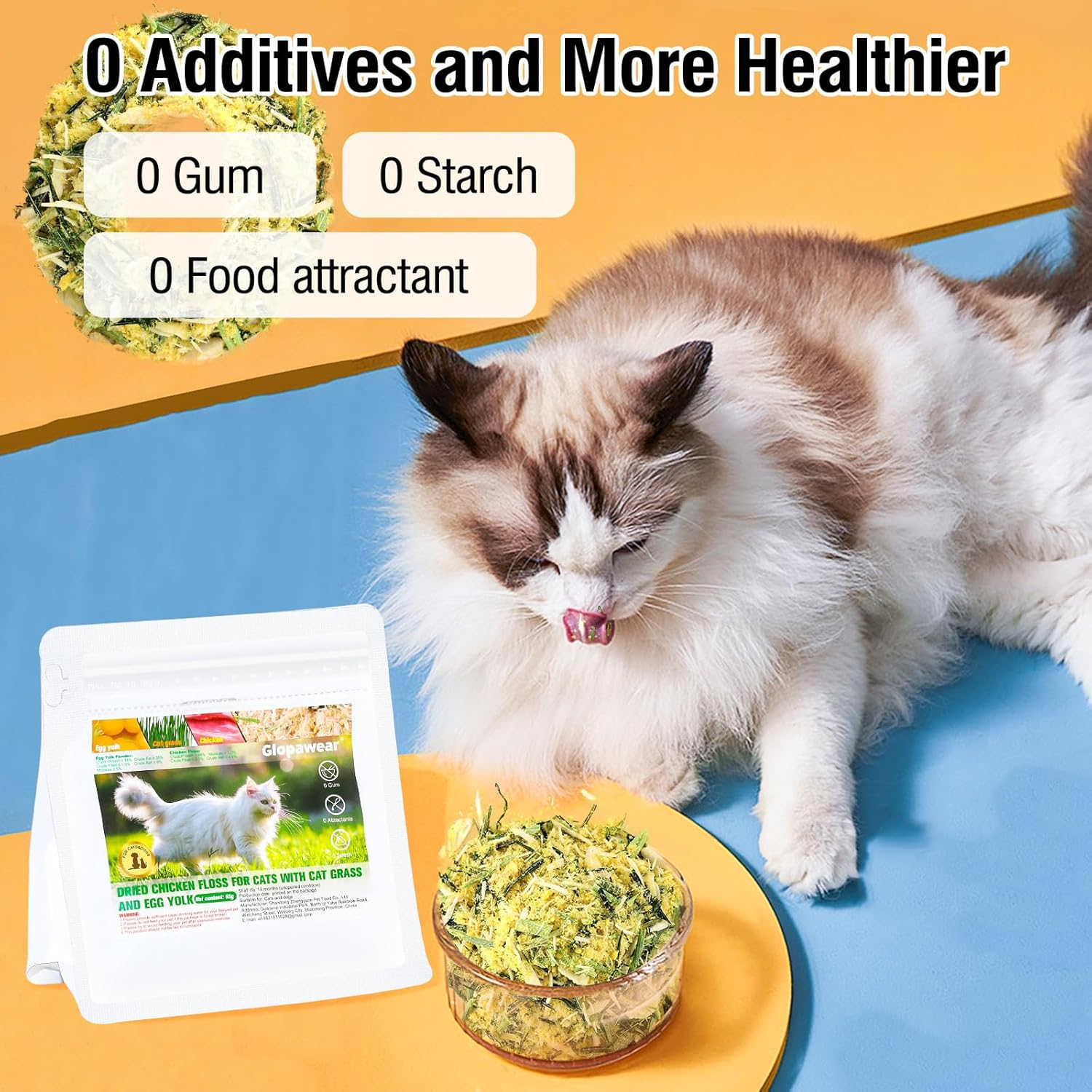Glopawear Cat Grass Treats with Freeze Drying Cat Grass Egg Yolk Chicken Floss, Cat Snacks, Helps Cats Discharge Hairballs, Reduces Gastrointestinal Buildup 2.3Oz/63G image number 2