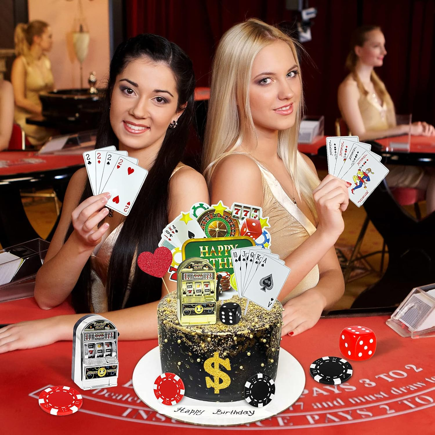 Morofme 21 PCS Casino Cake Decorations with Slot Machine Toy Cake Toppers Poker Cupcake Topper Casino Happy Birthday Cake Topper Poker Chips Dices Dollar Sign Las Vegas Themed Birthday Party Supplies image number 6