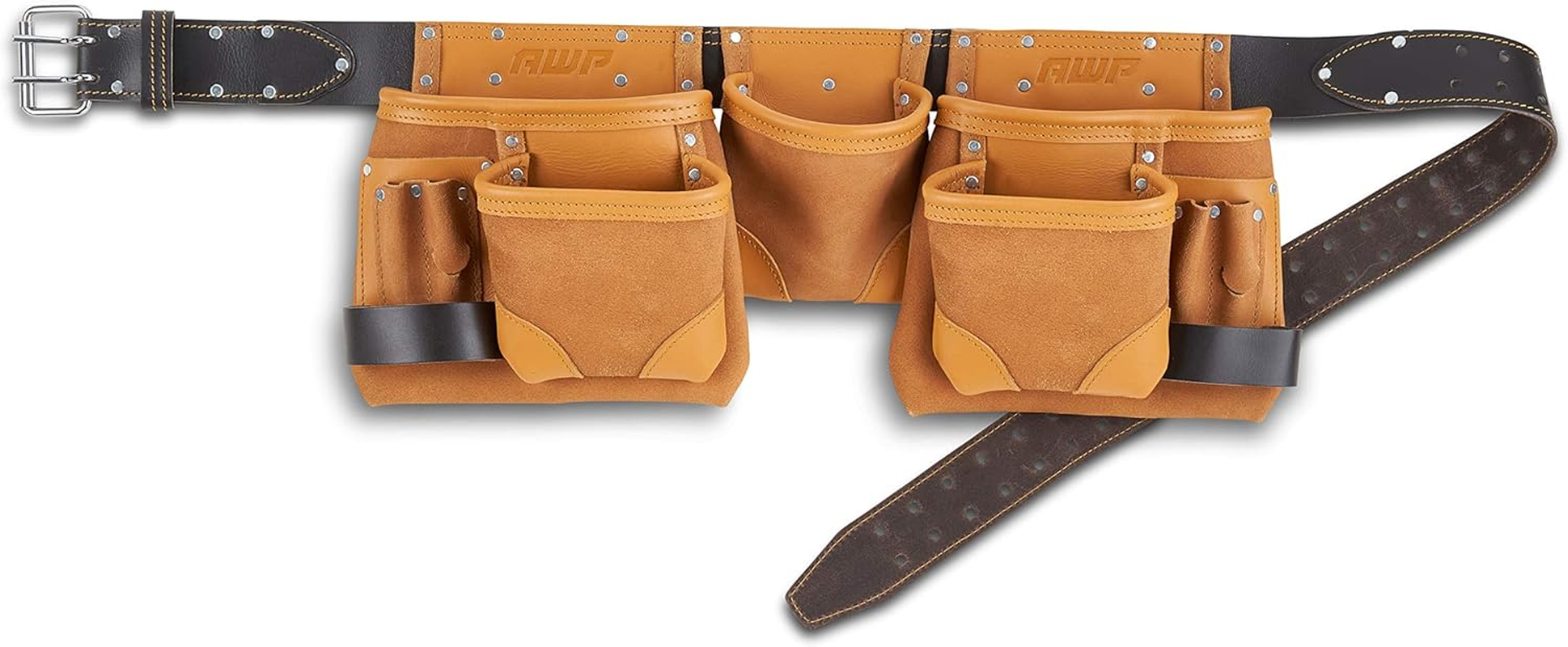 AWP Classic Construction Leather Tool Apron | Durable Top Grain Leather Work Belt with 11 Tool Storage Pockets | Fits up to 50" Waist Size image number 3