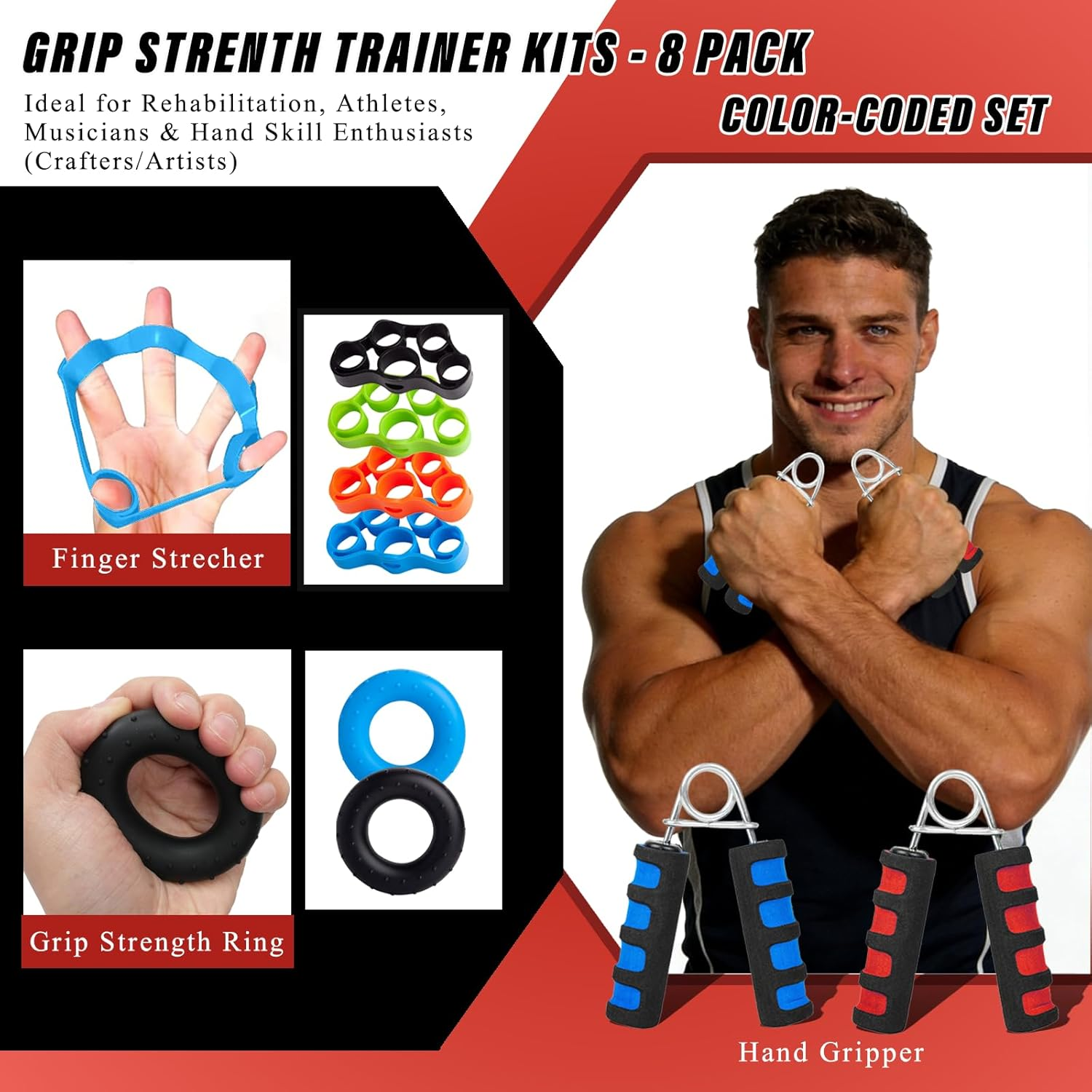 Hand Grip Strength Training Set, 8-Piece Exercise Kit with 2 Color Adjustable Gripper, 4 Color Finger Stretcher & 2 Grip Ring image number 5
